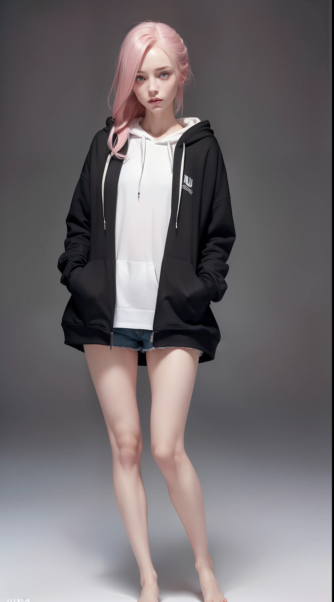 (full body portrait:1.3),dynamic pose,1girl,pale skin,pink hair,delicate face,heterochromia eyes,freckles,(black baggy hoodie:1.3,barefoot),(thigh gap:1.3,thighs:1.3,one hip up:1.3),(best quality:1.2,ultra-detailed,realistic:1.37),soft colors,polished lighting