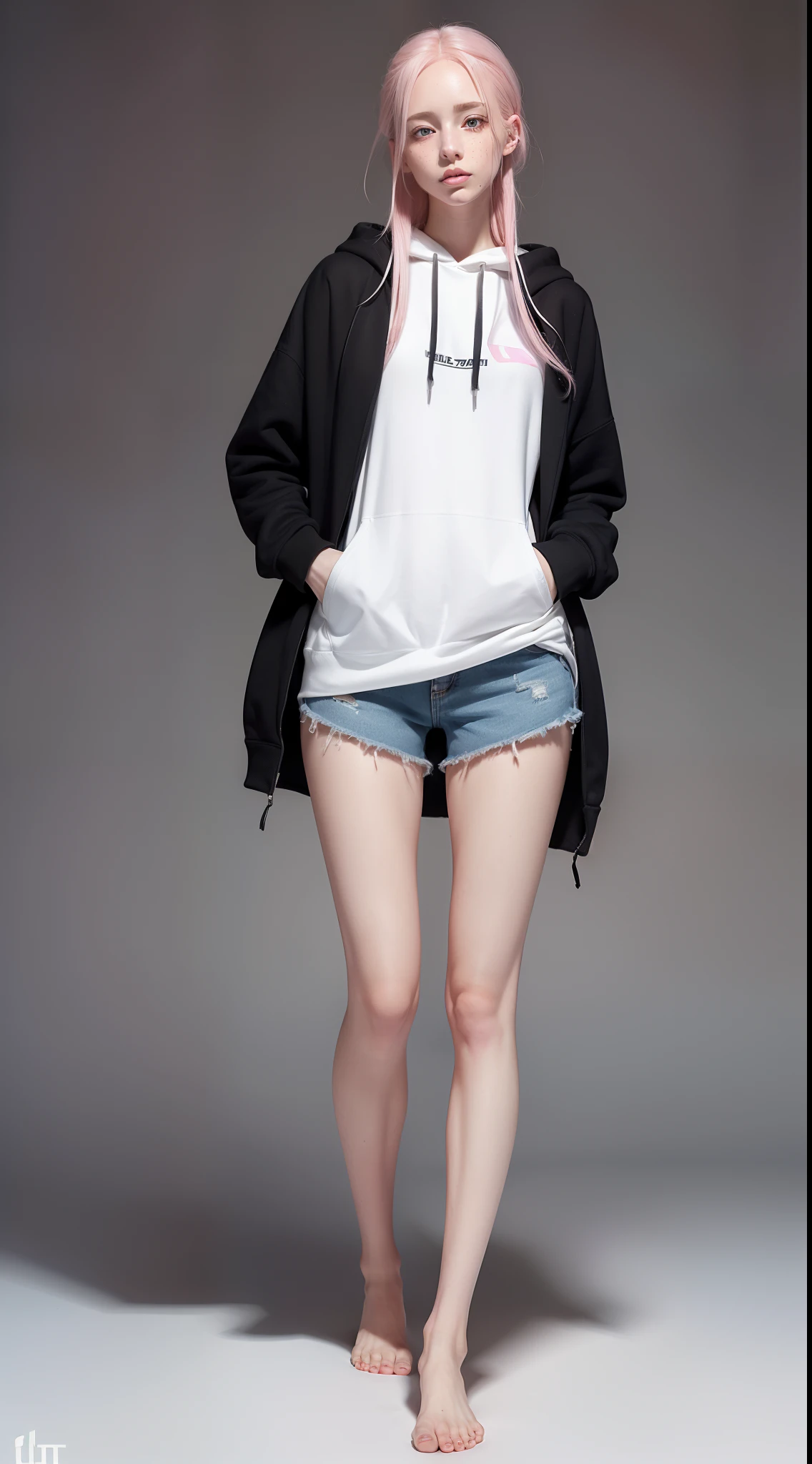 (full body portrait:1.3),dynamic pose,1girl,pale skin,pink hair,delicate face,heterochromia eyes,freckles,(black baggy hoodie:1.3,barefoot),(thigh gap:1.3,thighs:1.3,one hip up:1.3),(best quality:1.2,ultra-detailed,realistic:1.37),soft colors,polished lighting
