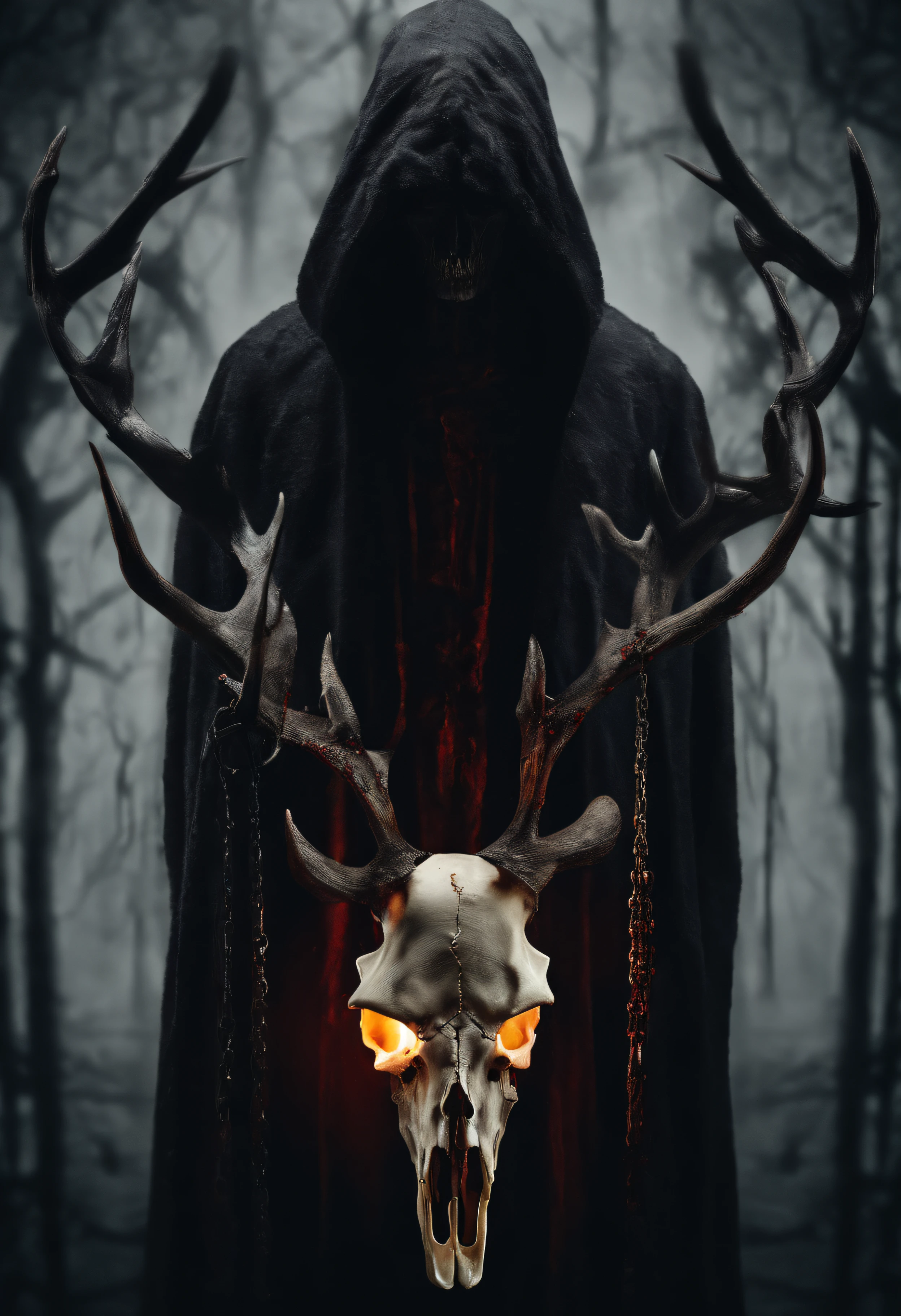 (a person wearing a black hooded robe and a satanic deer skull,a wax candle),(best quality,highres,gloomy,horror,satanic,dark color scheme),dimly lit background,gloomy atmosphere,flickering candle light,creepy vibes,detailed robe texture,dark and mysterious,haunting shadows,spooky aura,sinister expression in the eyes,subtle glow on the candle flame, cinematic camera angle, photo realistic, clear deer skull, highred deer skull, blood on deer skull, wax dripping, chains hanging from background