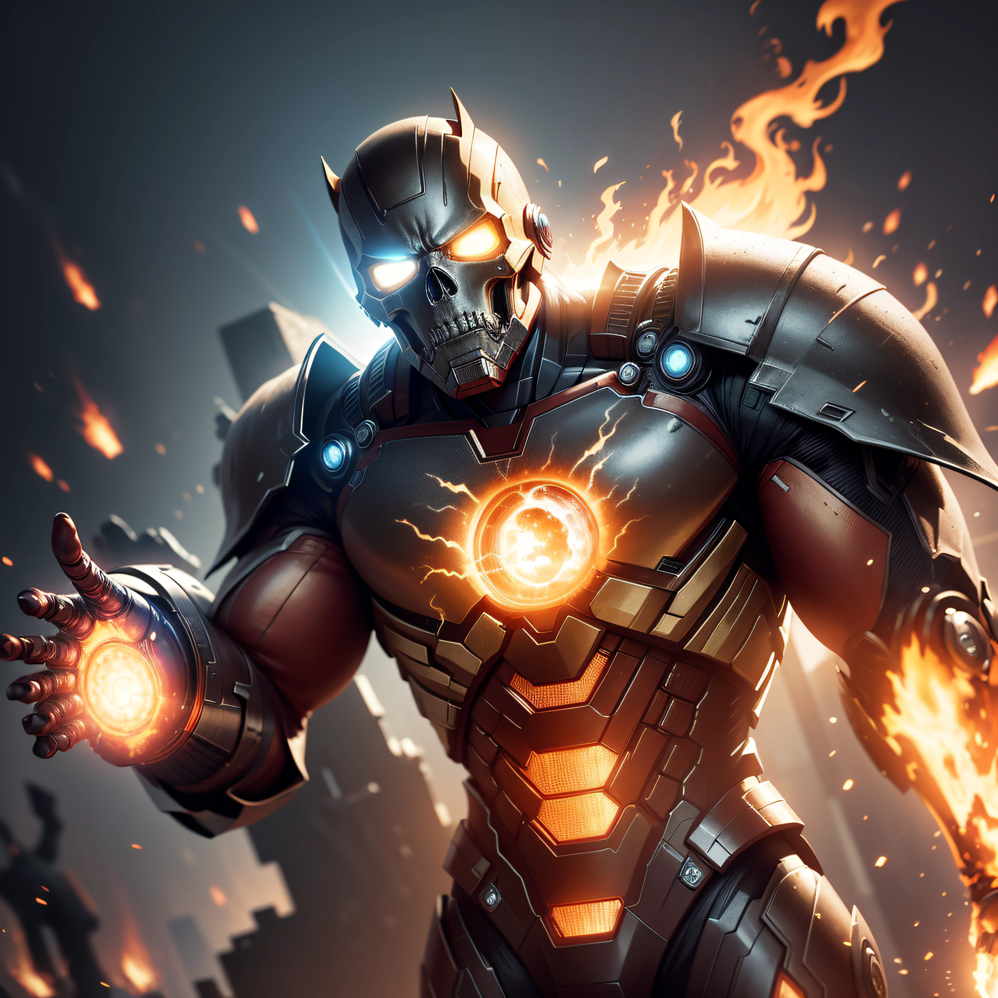 Movie scene, Ghost Rider from Marvel wide angle shot, distorted space, distorted undead in the background, lens flares, light shafts, intricate details, highly detailed, volumetric lighting, 4k rendering, stock photo, hyper-realistic, realistic textures, dramatic lighting, Unreal Engine, iron man suit, skull with fire