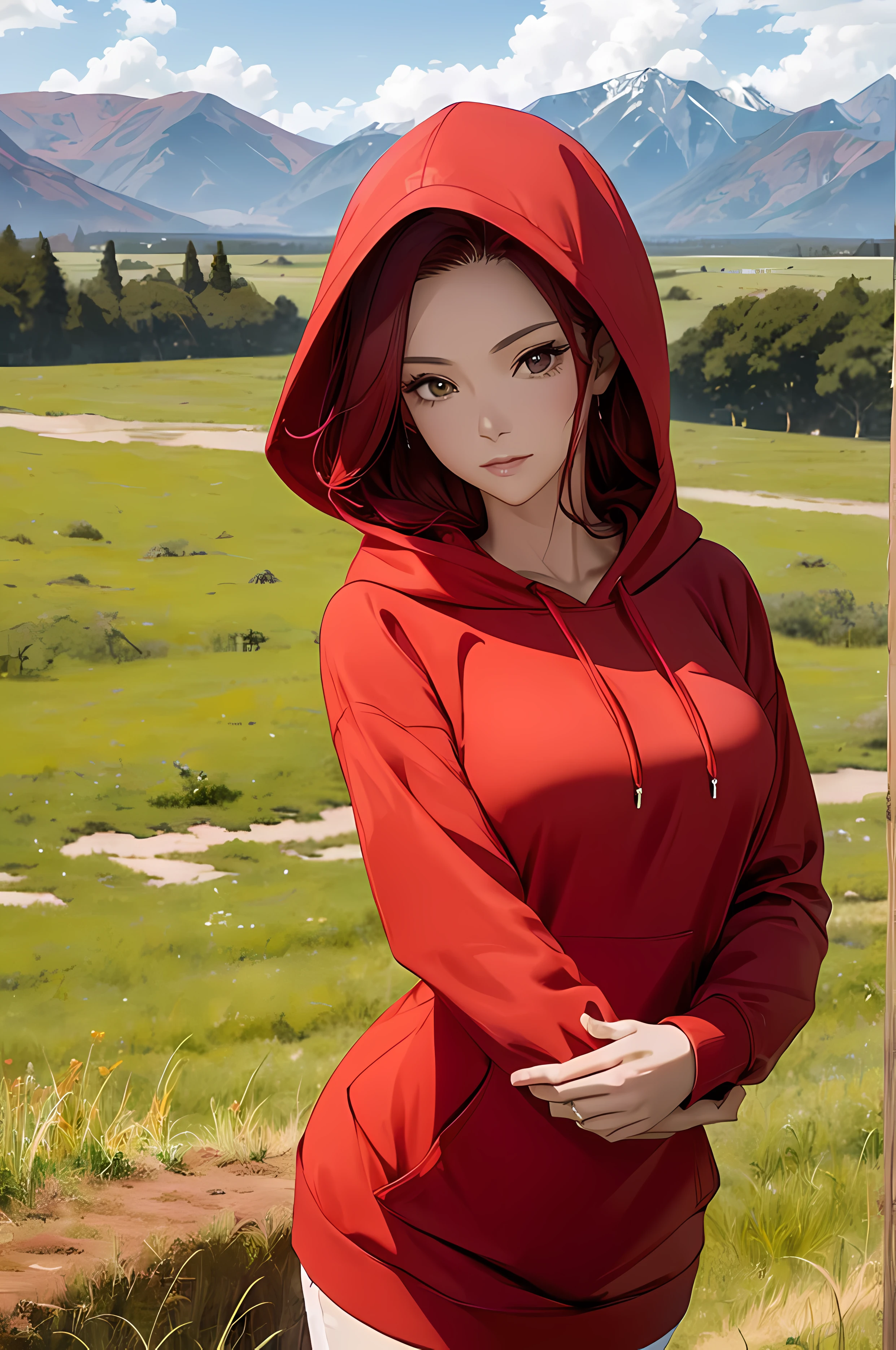 A beautiful woman, red color hair, (( grassland background)), (( red hoodie, blouse ,perfect body figure, beautiful face, age 46, royal, calm)), breeze, hat