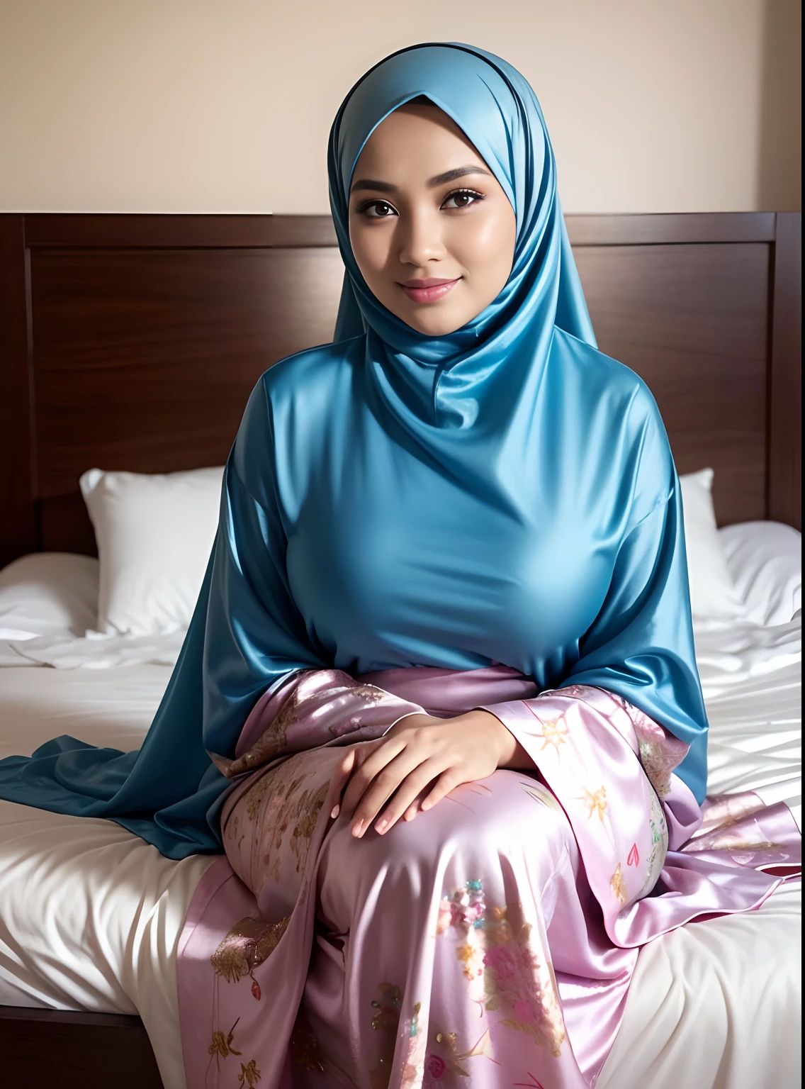 (Best quality, high resolution, masterpiece: 1.3), a beautiful malay woman in hijab, big breasts, slim figure, sweatshirt, beautifully presented details in the street and facial and skin texture, detailed eyes, double eyelids, big eyeschest visible, shirt openfeatures), HDR, 8k resolution, nice fingers, firm skin, (((high detail skin, visible pores))), 1 female, tall body, sitting on the bed, 30 years old, big breasts: 1.4, wearing Floral Silk Tight Malay Gamis Pastel Close Up Tight Hijab, Full Body, Beautiful Shy Smile, Wearing High Heels, In Luxurious Bedroom