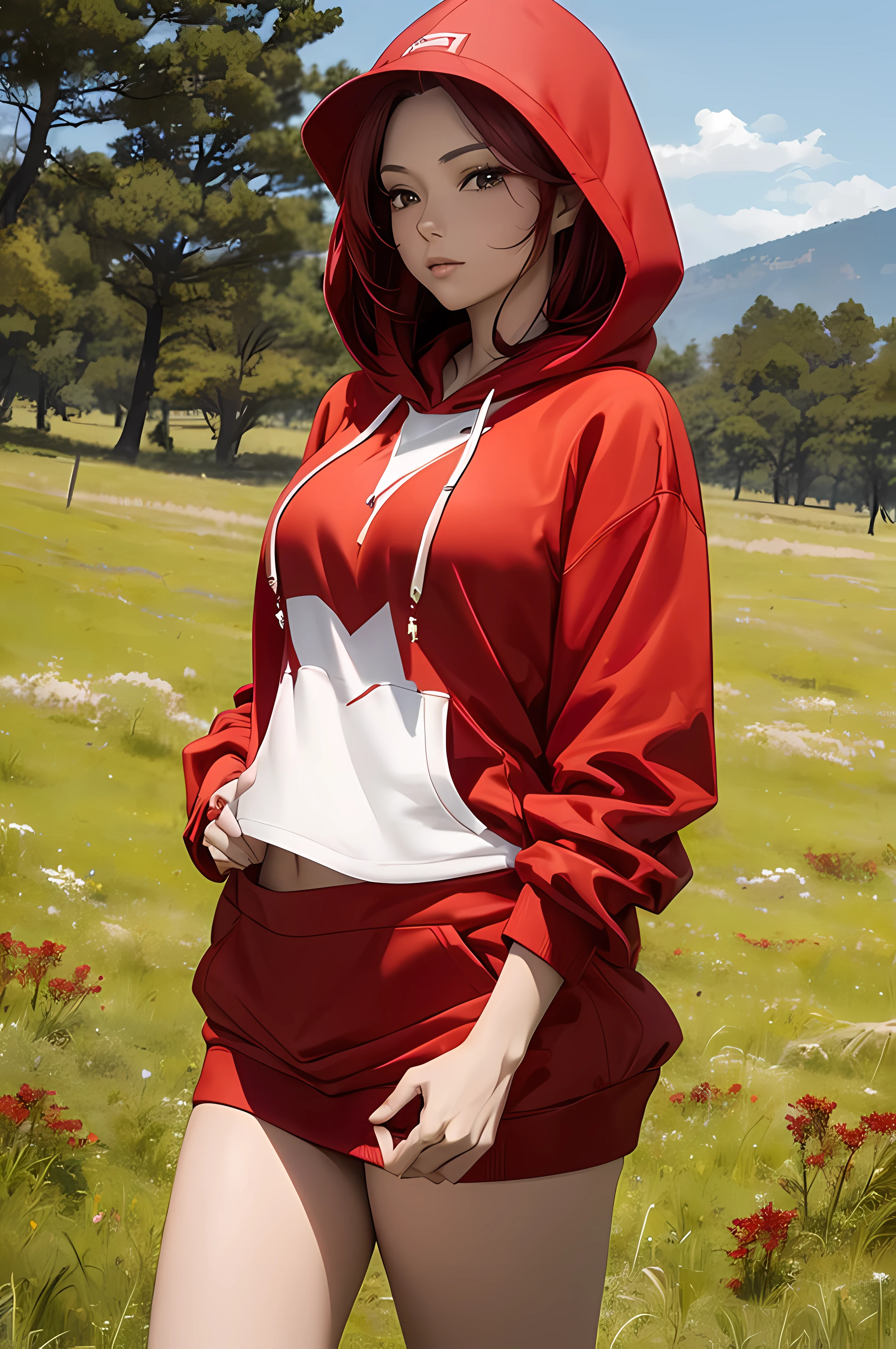 A beautiful woman, red color hair, (( grassland background)), (( red hoodie, blouse ,perfect body figure, beautiful face, age 46, royal, calm)), breeze, hat