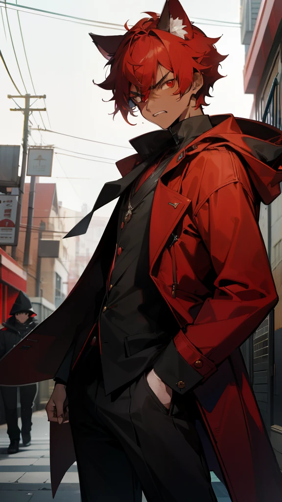 1boy,20s,dark skin,angry face,(red overcoat with hooded),black blouae,black pants, red hair,short hair,red eyes,cat ears,((in a street in suburbs)),cowboy shot