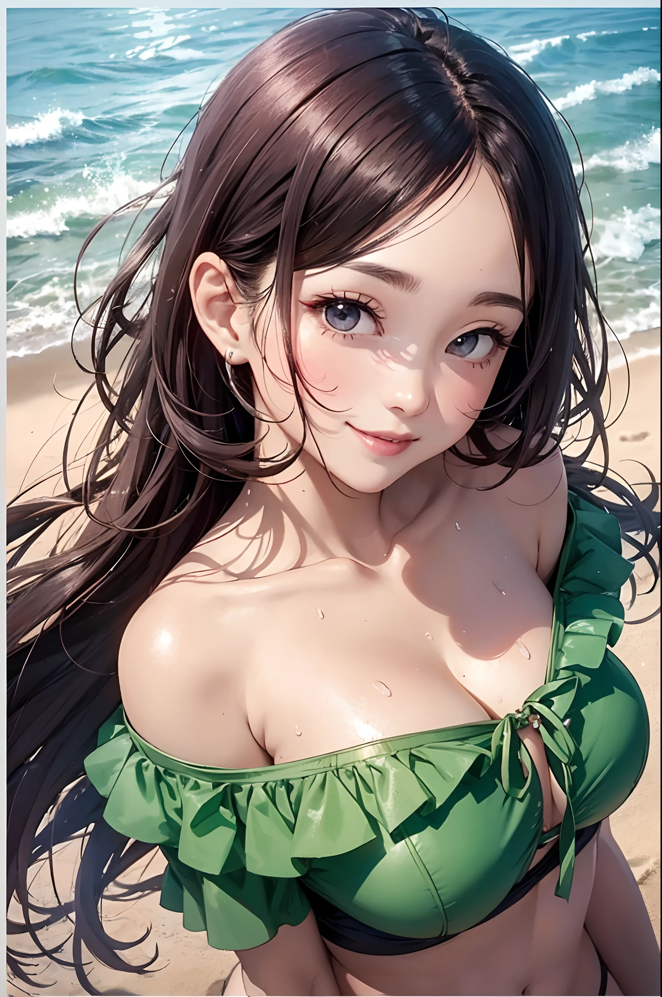 8K picture quality、top-quality、masutepiece,Black super short hair、Half of the body is in water,Large breasts,cleavage,Off-the-shoulder attire,The swimsuit fits closely,super high image quality、ultra - detailed、Ultra-realistic hair quality、Vibrant colors、Beautuful Women、beachside,sandbeach,Greenery,Sweaty forehead and cheeks、Huge ass、A smile、soft pink lips、Ultra-realistic flesh、Red cheeks