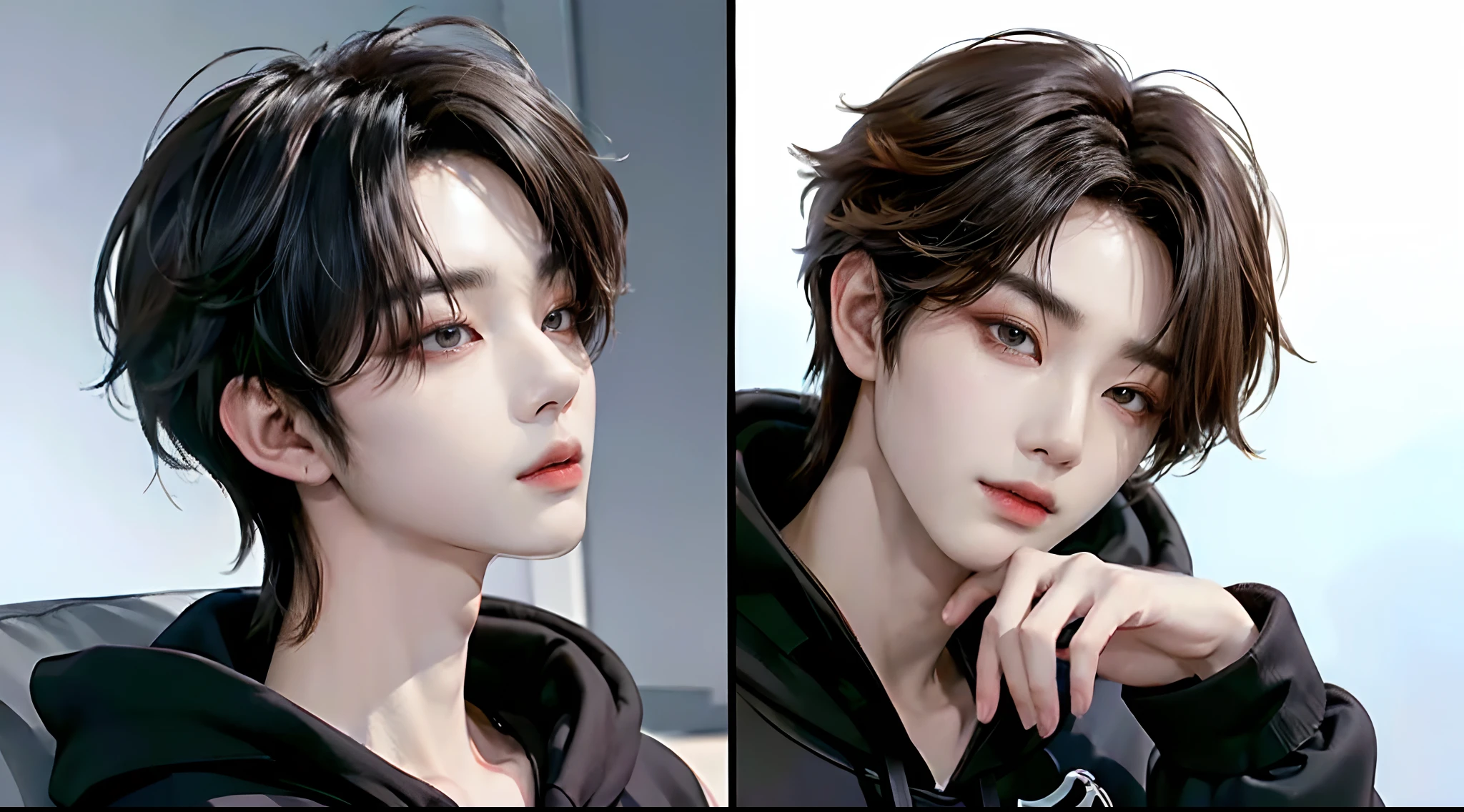 ((4K works))、masterpiece、(top-quality)、((high-level image quality))、Happiness、((One Manly Boy))、Slim body、((Stylish black hoodie))、(Detailed beautiful eyes)、morning、On the sofa in the stylish living room、Face similar to Chaewon in Ruseraphim、((short hair above the ears))、((Smaller face))、((Neutral face))、((Light brown eyes))、((Korean boy))、((18year old))、((Handsome man))、((Wild look))、((Korean Makeup))、((elongated and sharp eyes))、((Zoom up to face))、((Face enhancement))、((Focus zoom in))、((Take photos close to your face))、((Photos of only one person))