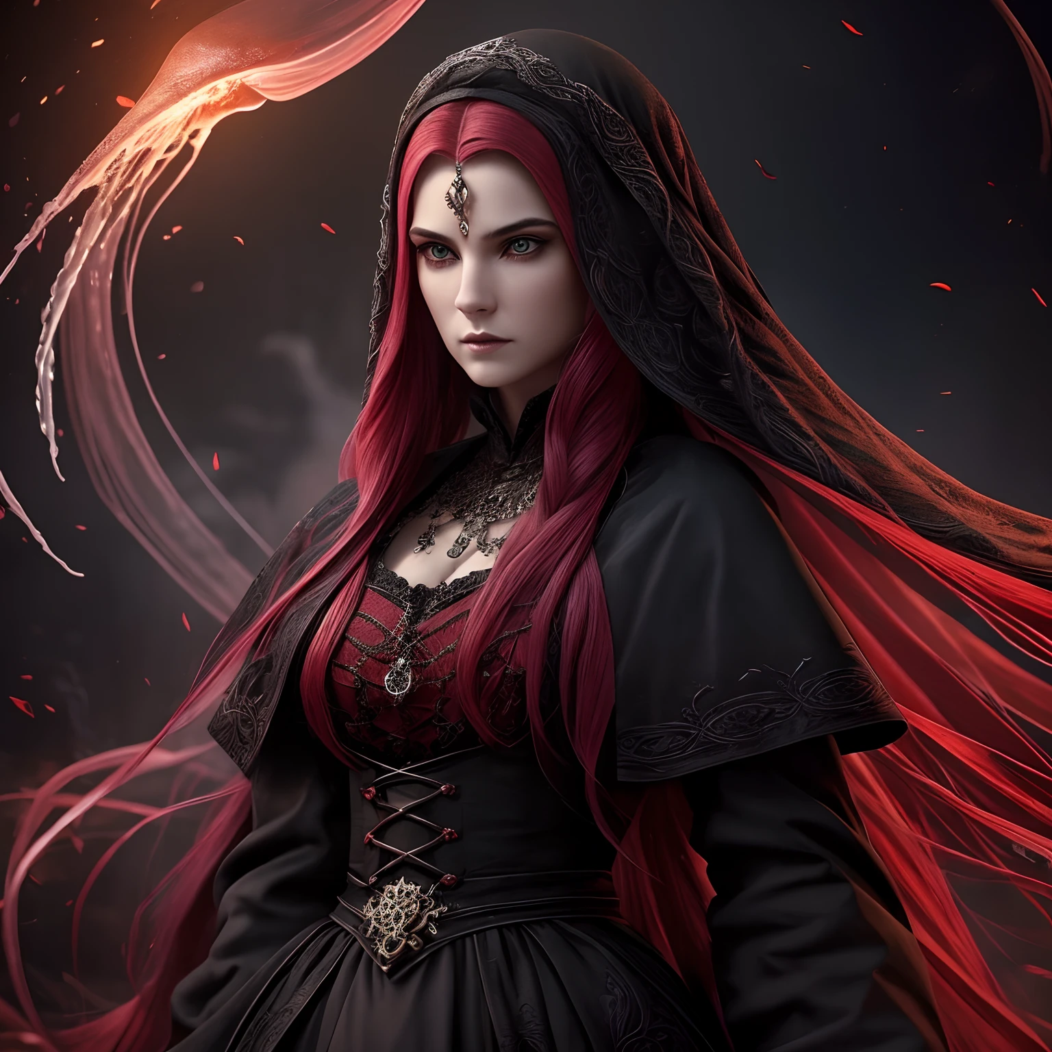 Woman, jellyfish, (Feudal Middle Ages:1.1), Slavic appearance, (longo liso roxo gradiente de cabelo pro vermelho), (Olhos vermelhos), (look of strong expression), batom roxo, pele clara, (Black Gothic clothes with red details:1.1), Yellow scales on the hands, Cinematic lighting, mystic atmosphere, Dynamic focus, ultra realidade, ultra realistic, ultra qualidade, real, Textura real:1.1, Roupas realistas:1.1, 8k insanos, Absurdo,