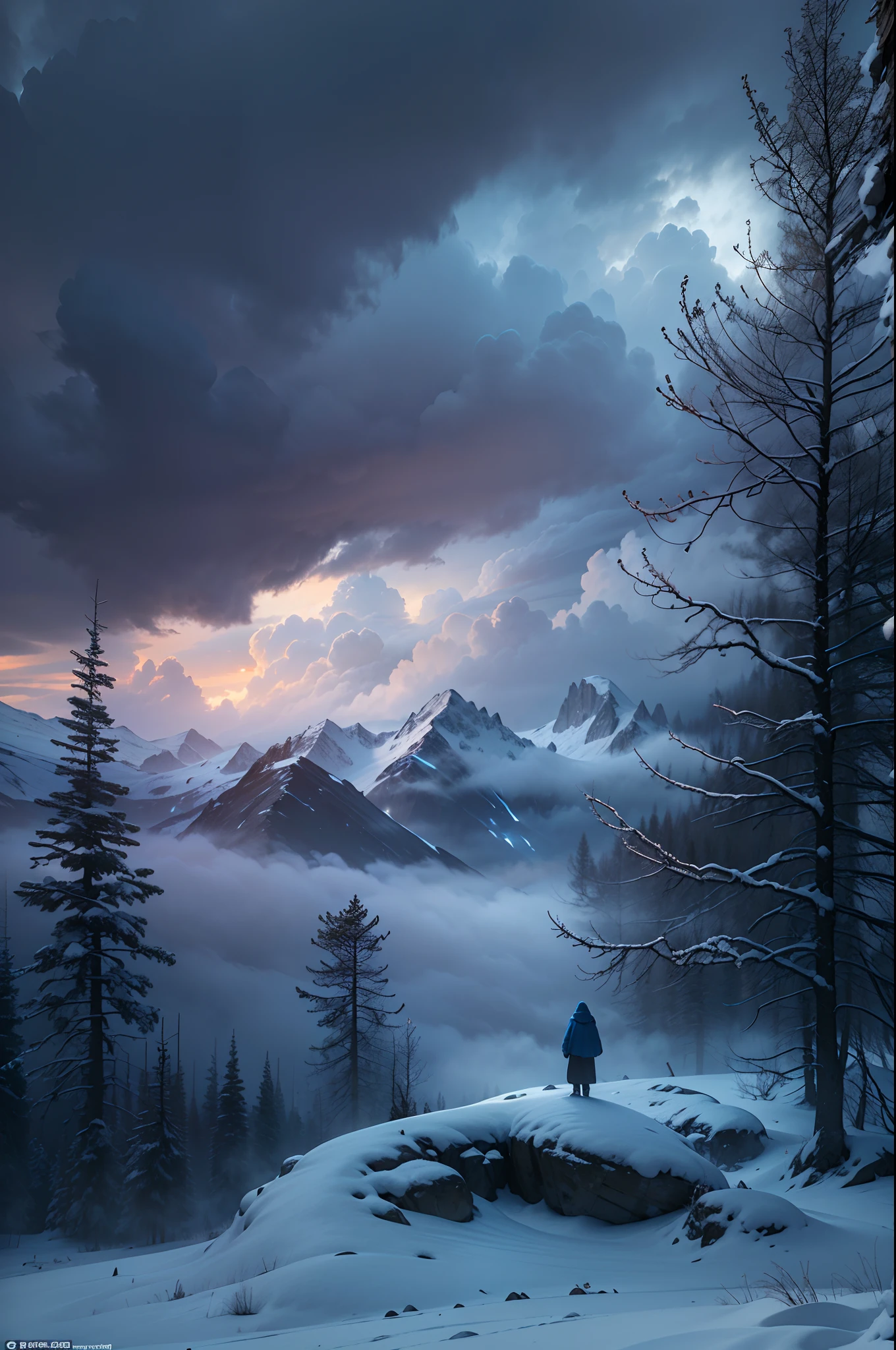 (Best quality,4K,8K,A high resolution,Masterpiece:1.2),Ultra-detailed,(Realistic,Photorealistic,photo-realistic:1.37),snow mountains,Ominous atmosphere,Winter storms are coming,Ominous prospects,Icy cold wind,Majestic snow-capped peaks,Majestic rock formations,Mist clouds swirl over the mountaintops,Harsh and unforgiving conditions,Windswept snowdrifts,Dramatic lighting,Subtle shades of blue and gray,pastelcolor,The faint sunlight penetrates the dark clouds,Winter Wilderness,Wild and wild nature,Peaceful and remote setting,Mysterious silence,Isolated cabin in the distance,Thick smoke rose from the chimney,Bleak and haunting beauty,A lonely figure bravely facing the elements,The hooded cloak rolls in the wind,grittiness，Strong-willed,Thinking about the immense power of nature,Deep awe and amazement,Pristine and untamed landscape,Magnificent and awe-inspiring scenery,Freeze in time and space,Eternal beauty in chaos,Surreal and fantastic atmosphere.