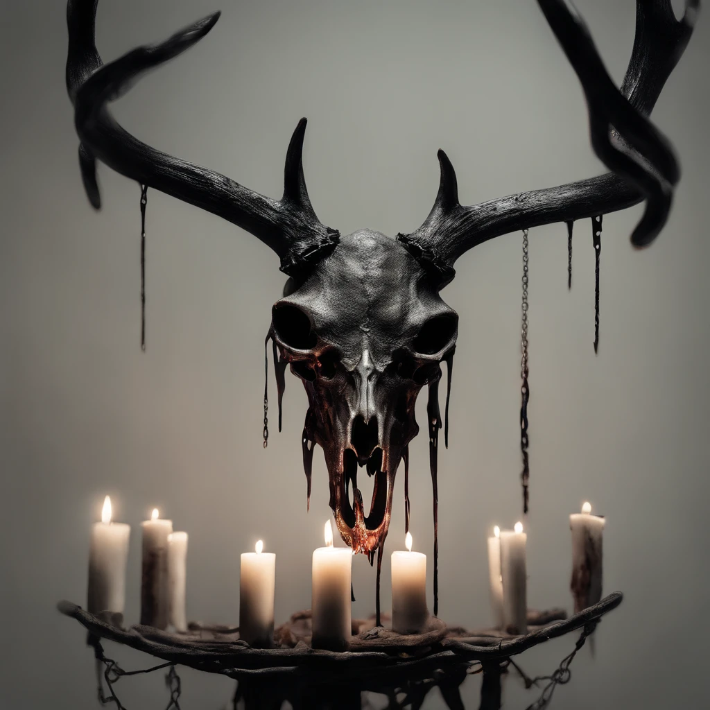  huge hydra head skull,on floor,pine forest, rock floor,flower around, aroma candles
