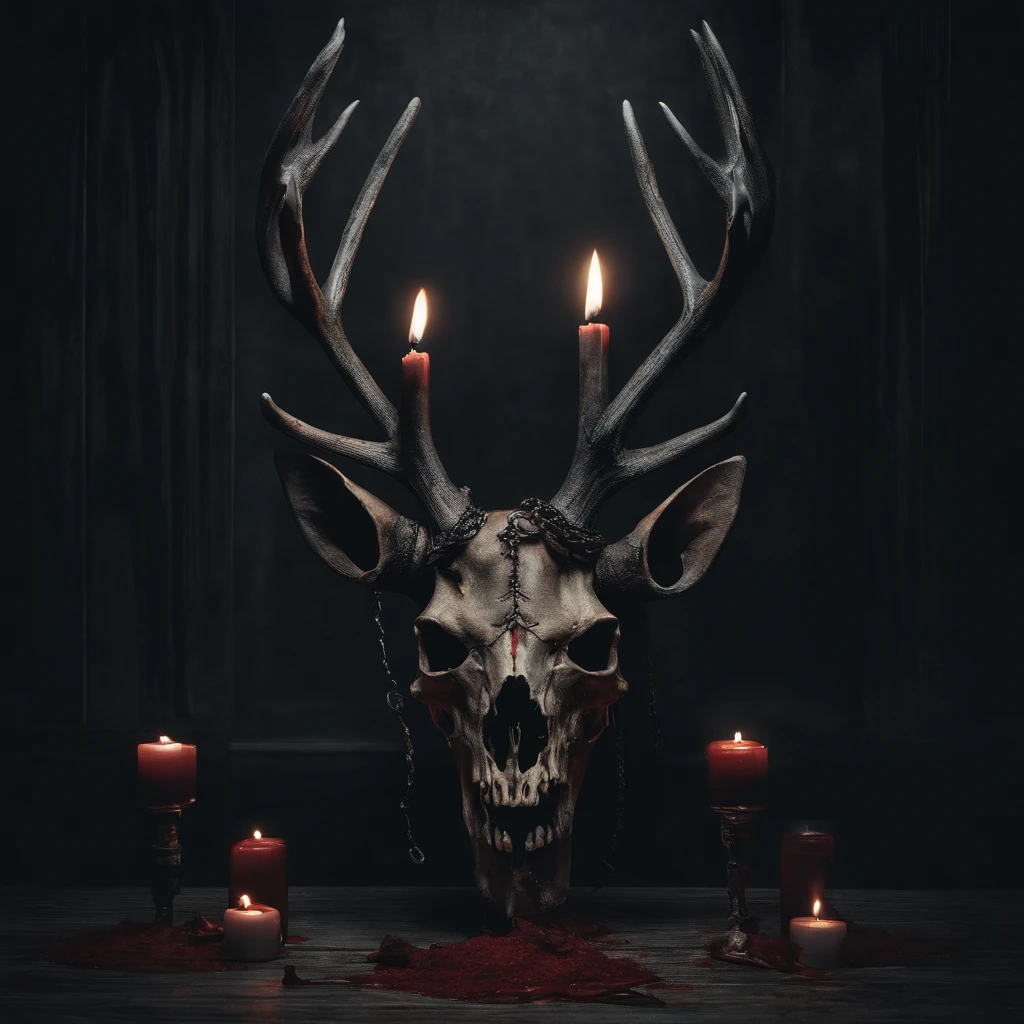 (a person wearing a black hooded robe and a satanic deer skull,a wax candle),(best quality,highres,gloomy,horror,satanic,dark color scheme),dimly lit background,gloomy atmosphere,flickering candle light,creepy vibes,detailed robe texture,dark and mysterious,haunting shadows,spooky aura,sinister expression in the eyes,subtle glow on the candle flame, cinematic camera angle, photo realistic, clear deer skull, highred deer skull, blood on deer skull, wax dripping, chains hanging from background