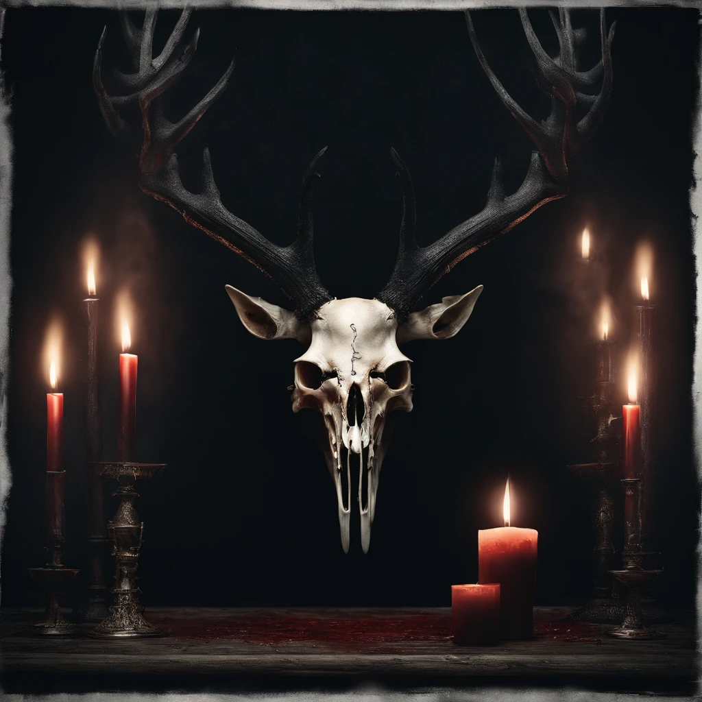 (a person wearing a black hooded robe and a satanic deer skull,a wax candle),(best quality,highres,gloomy,horror,satanic,dark color scheme),dimly lit background,gloomy atmosphere,flickering candle light,creepy vibes,detailed robe texture,dark and mysterious,haunting shadows,spooky aura,sinister expression in the eyes,subtle glow on the candle flame, cinematic camera angle, photo realistic, clear deer skull, highred deer skull, blood on deer skull, wax dripping, chains hanging from background