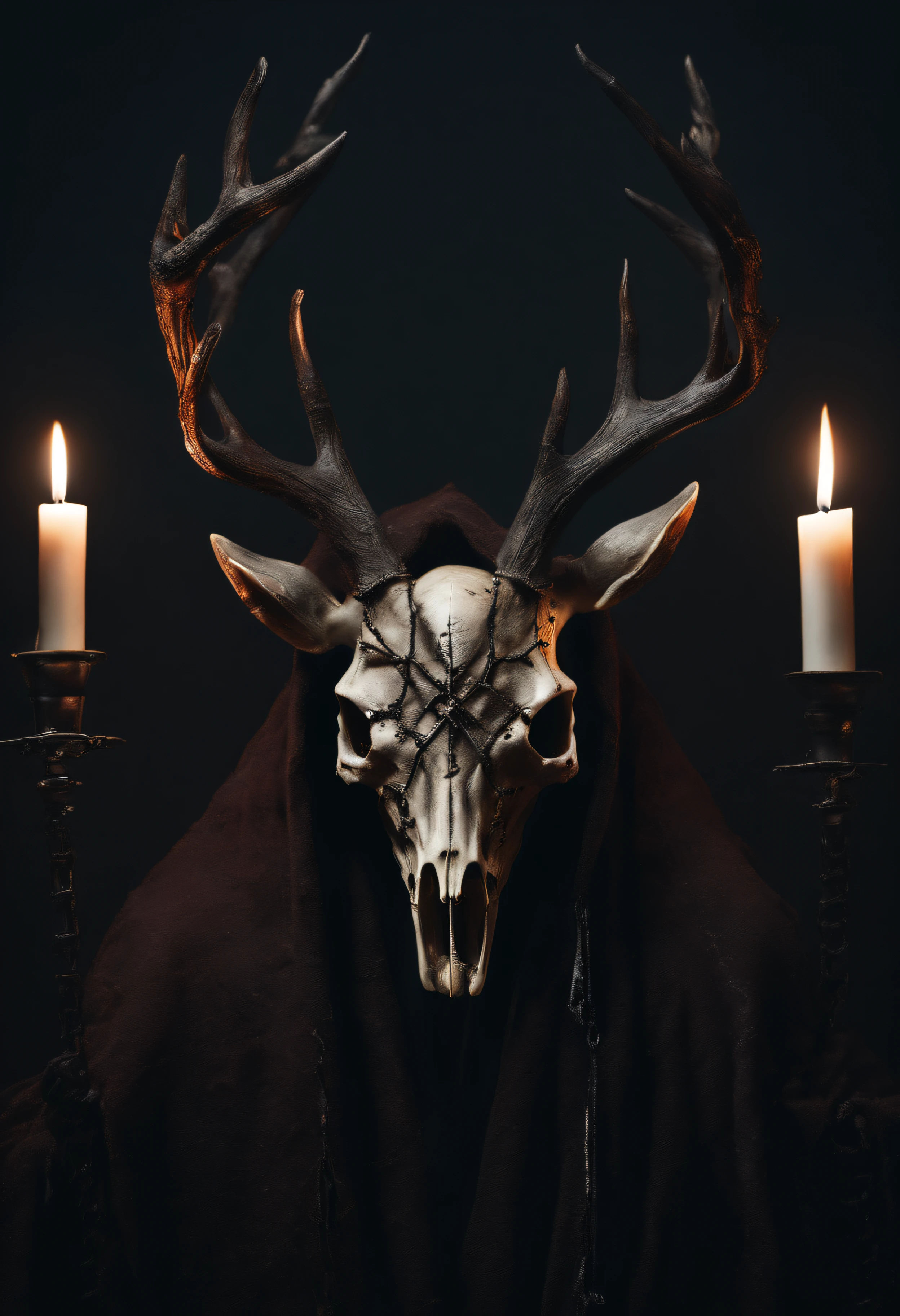 (a person wearing a black hooded robe and a satanic deer skull,a wax candle),(best quality,highres,gloomy,horror,satanic,dark color scheme),dimly lit background,gloomy atmosphere,flickering candle light,creepy vibes,detailed robe texture,dark and mysterious,haunting shadows,spooky aura,sinister expression in the eyes,subtle glow on the candle flame, cinematic camera angle, photo realistic, clear deer skull, highred deer skull, blood on deer skull, wax dripping, chains hanging from background