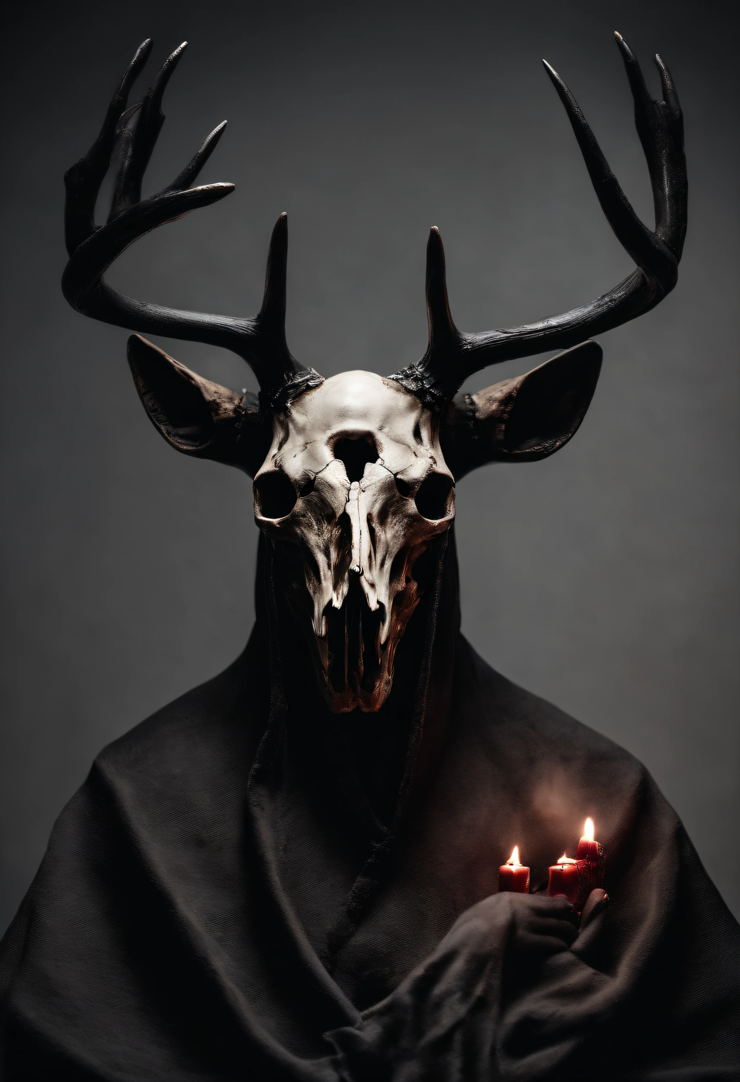 (a person wearing a black hooded robe and a satanic deer skull,a wax candle),(best quality,highres,gloomy,horror,satanic,dark color scheme),dimly lit background,gloomy atmosphere,flickering candle light,creepy vibes,detailed robe texture,dark and mysterious,haunting shadows,spooky aura,sinister expression in the eyes,subtle glow on the candle flame, cinematic camera angle, photo realistic, clear deer skull, highred deer skull, blood on deer skull, wax dripping