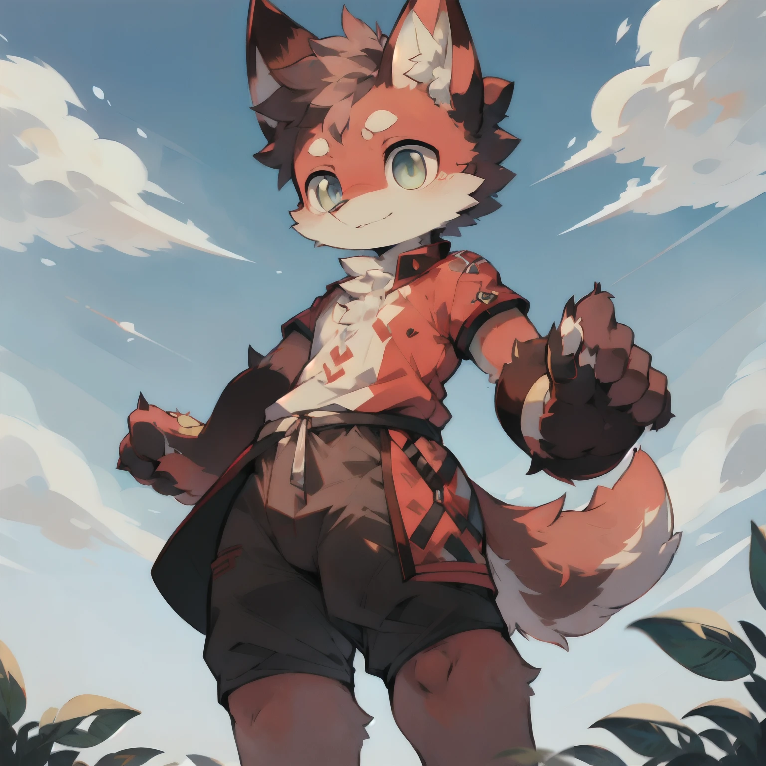 (1 boy: 1.4), cat boy, (furry: 1.5), (juvenile), super cute face, body fur, (full body: 1.1), perfect lighting, (masterpiece), (super detailed), eyes look, blush, look at the audience, solo, tail, mountain, super detailed fur, break, yellow fur, close-up, backlight, white belly, blue and red ears