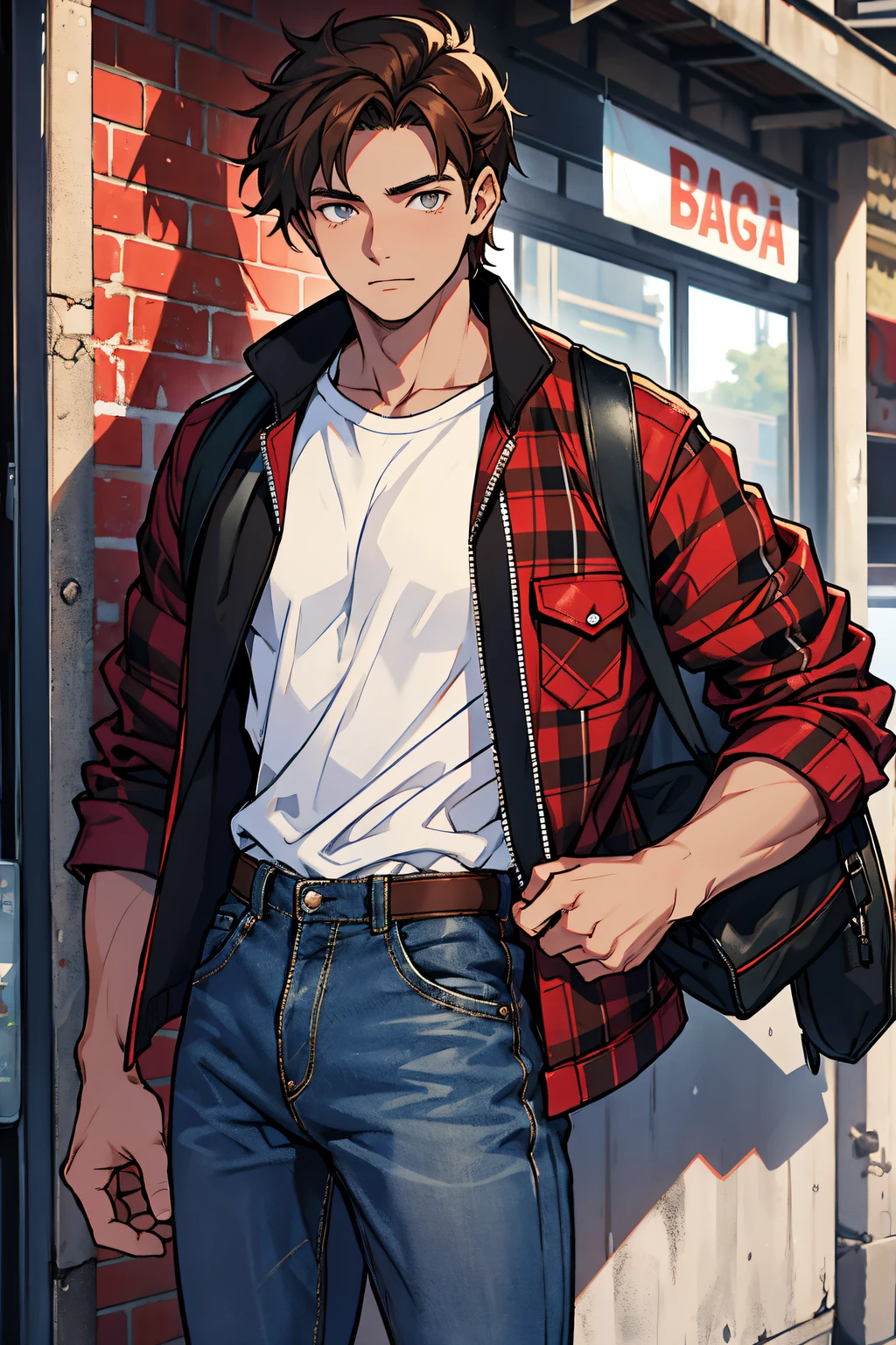 17 year old boy who has brown hair, grey eyes, a red and black plaid jacket, a white tshirt, and blue jeans