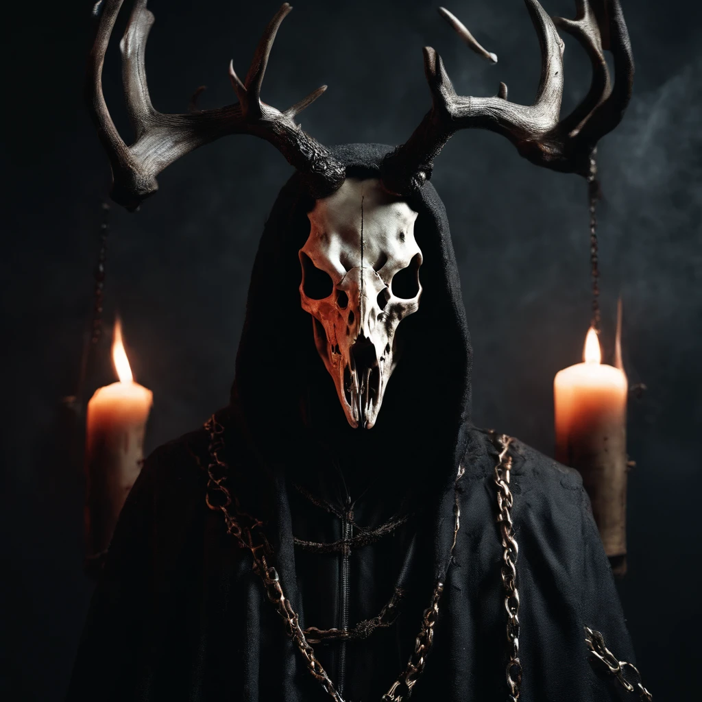 (a person wearing a black hooded robe and a satanic deer skull,a wax candle),(best quality,highres,gloomy,horror,satanic,dark color scheme),dimly lit background,gloomy atmosphere,flickering candle light,creepy vibes,detailed robe texture,dark and mysterious,haunting shadows,spooky aura,sinister expression in the eyes,subtle glow on the candle flame, cinematic camera angle, photo realistic, clear deer skull, highred deer skull, blood on deer skull, wax dripping, chains hanging from background, dark color scheme