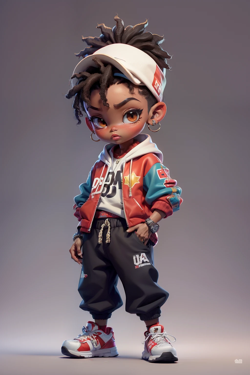 Super style hip hop dançarina african south 30 years, pele marrom, rosto empatica, beautiful red lips, Nice Chibi, super estiloso, dedos perfeitos, roupa minimalista, Cores da roupa: vermelho, branco e preto, "Hip Hop", ("Olhe por cima do ombro" Posar), roupa sem estampa, usando uma toca estilosa gangstar, fundo minimalista, Camera vista de frente........................