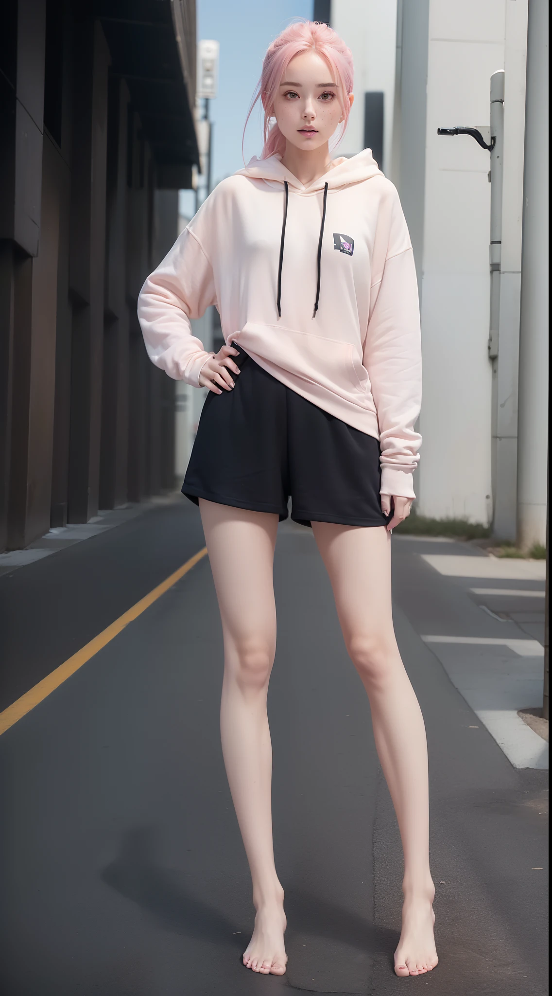 (full body portrait:1.3),dynamic pose,1girl,pale skin,pink hair,delicate face,heterochromia eyes,freckles,(black baggy hoodie:1.3,barefoot),(thigh gap:1.3,thighs:1.3,one hip up:1.3),(best quality:1.2,ultra-detailed,realistic:1.37),soft colors,polished lighting