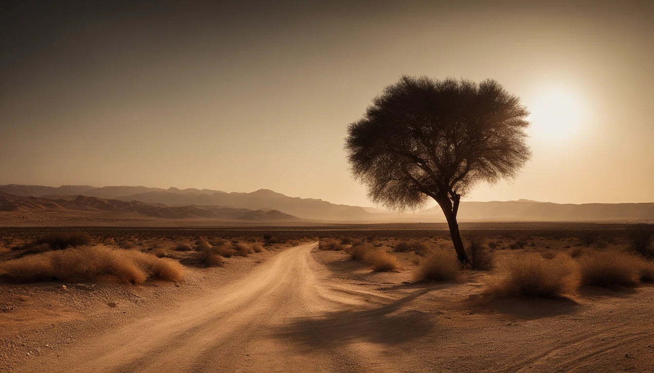 Capture a dusty, desert scene along the road from Jerusalem to Jericho. The sunlight should be harsh, creating sharp contrasts and deep shadows. Highlight the rugged terrain and natural elements of the arid landscape. Ensure the environment conveys a sense of danger and desolation.