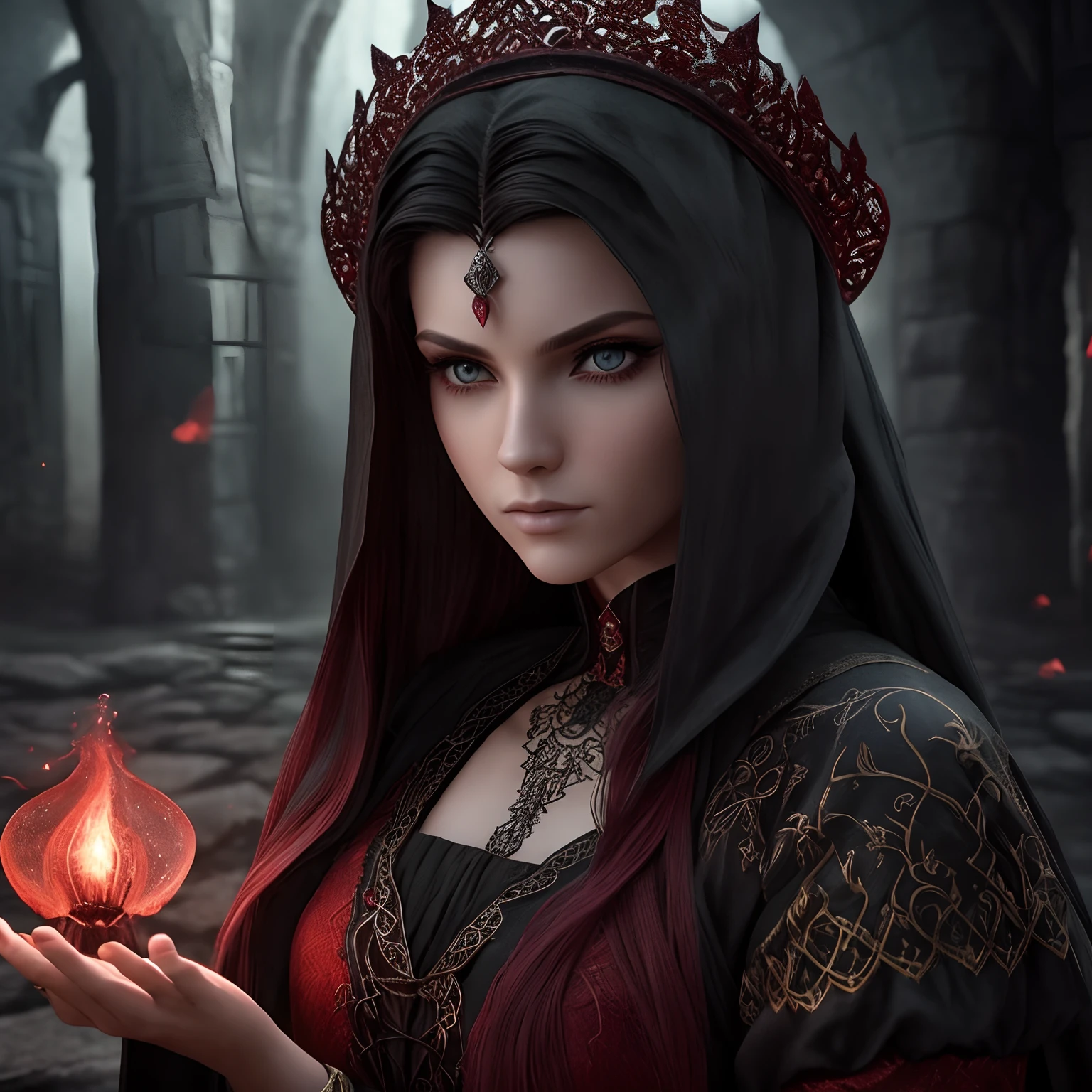 Woman, jellyfish, (Feudal Middle Ages:1.1), Slavic appearance, (longo liso roxo gradiente de cabelo pro vermelho), (Olhos vermelhos), (look of strong expression), batom roxo, pele clara, (Black Gothic clothes with red details:1.1), Yellow scales on the hands, Cinematic lighting, mystic atmosphere, Dynamic focus, ultra realidade, ultra realistic, ultra qualidade, real, Textura real:1.1, Roupas realistas:1.1, 8k insanos, Absurdo,