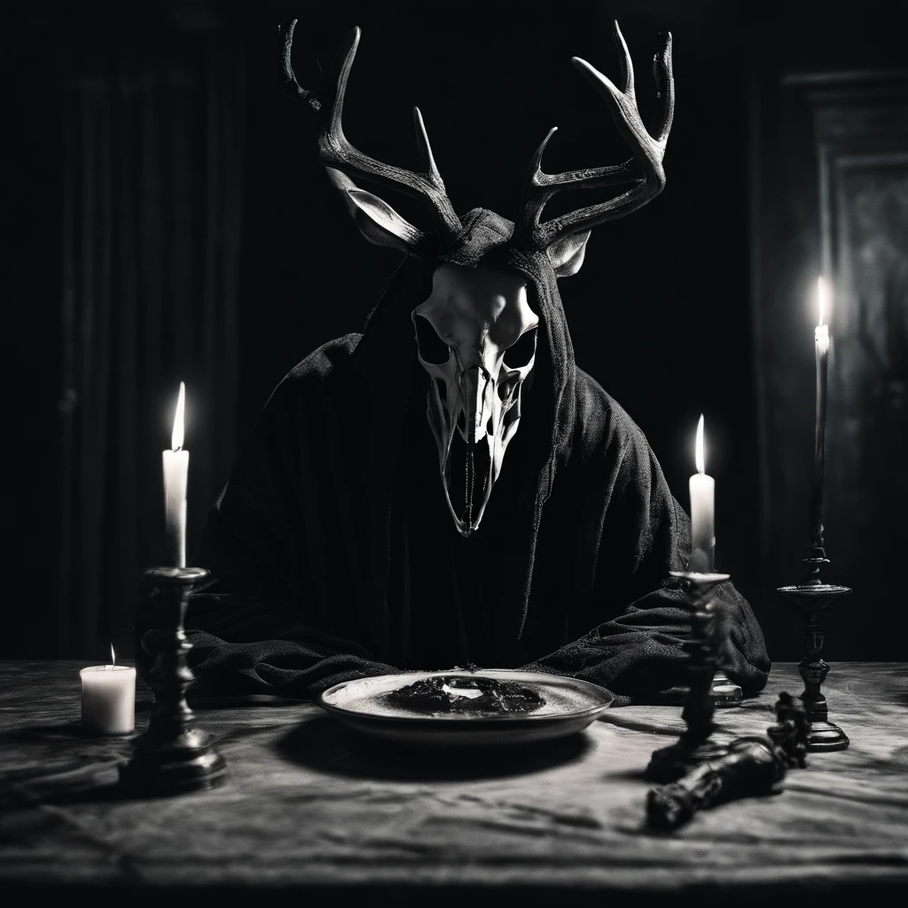 (a person wearing a black hooded robe and a satanic deer skull,a wax candle),(best quality,highres,gloomy,horror,satanic,dark color scheme),dimly lit background,gloomy atmosphere,flickering candle light,creepy vibes,detailed robe texture,dark and mysterious,haunting shadows,spooky aura,sinister expression in the eyes,subtle glow on the candle flame, cinematic camera angle, photo realistic, clear deer skull, highred deer skull, blood on deer skull, wax dripping, chains hanging from background, dark color scheme