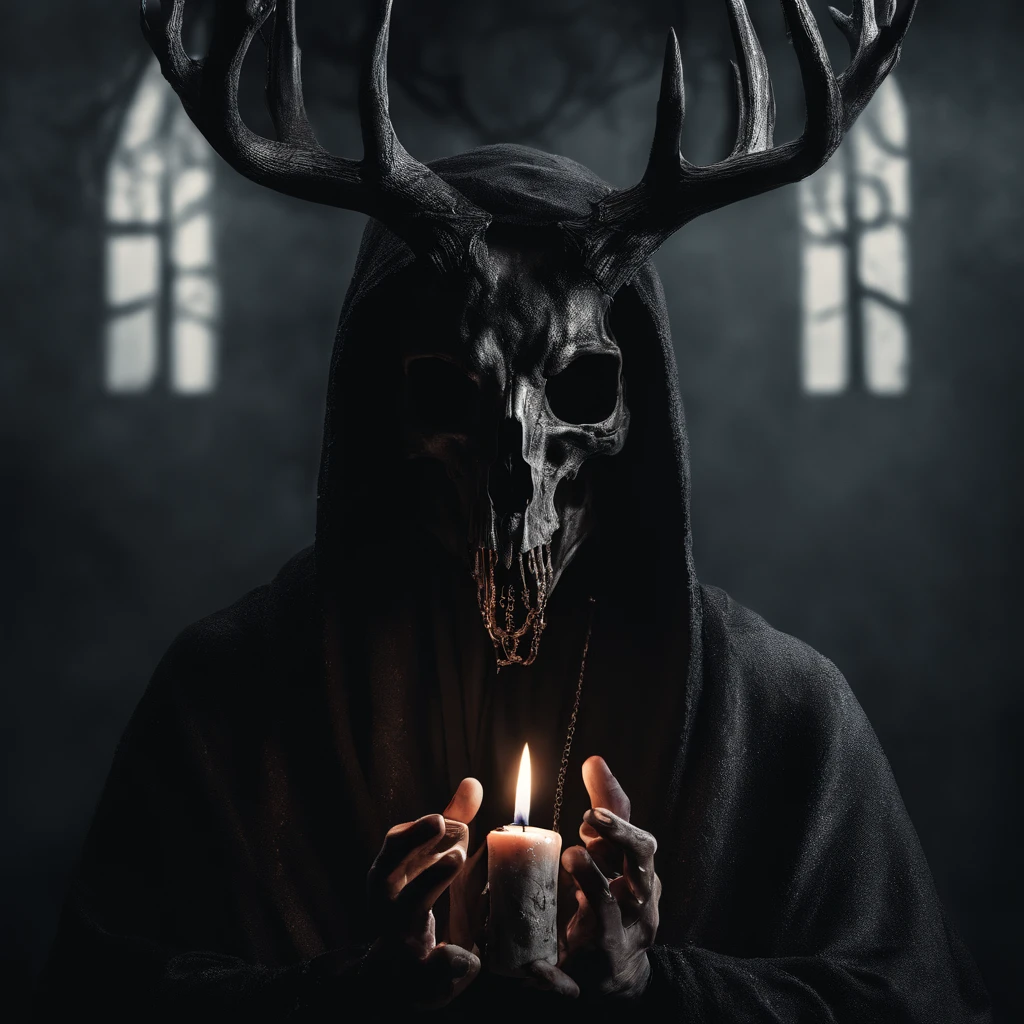 (a person wearing a black hooded robe and a satanic deer skull,a wax candle),(best quality,highres,gloomy,horror,satanic,dark color scheme),dimly lit background,gloomy atmosphere,flickering candle light,creepy vibes,detailed robe texture,dark and mysterious,haunting shadows,spooky aura,sinister expression in the eyes,subtle glow on the candle flame, cinematic camera angle, photo realistic, clear deer skull, highred deer skull, blood on deer skull, wax dripping, chains hanging from background, dark color scheme