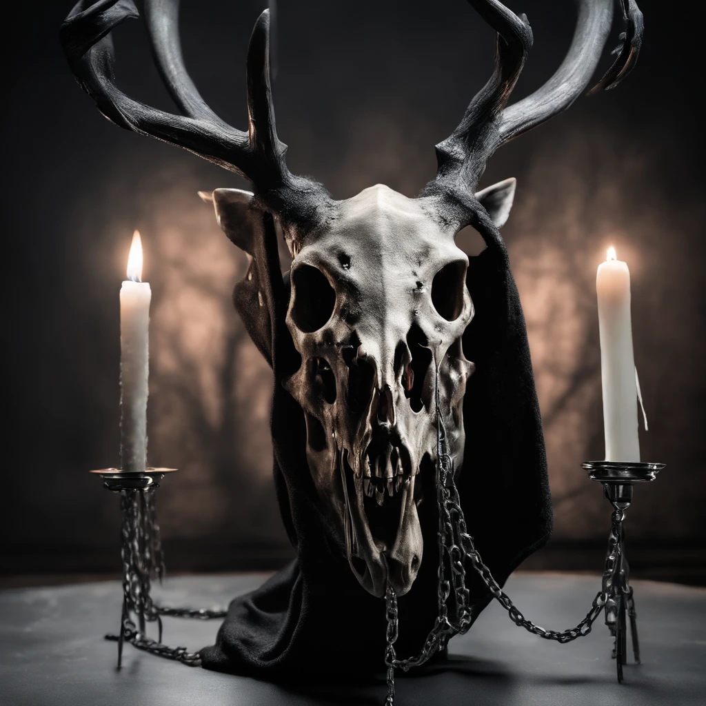 (a person wearing a black hooded robe and a satanic deer skull,a wax candle),(best quality,highres,gloomy,horror,satanic,dark color scheme),dimly lit background,gloomy atmosphere,flickering candle light,creepy vibes,detailed robe texture,dark and mysterious,haunting shadows,spooky aura,sinister expression in the eyes,subtle glow on the candle flame, cinematic camera angle, photo realistic, clear deer skull, highred deer skull, blood on deer skull, wax dripping, chains hanging from background, dark color scheme