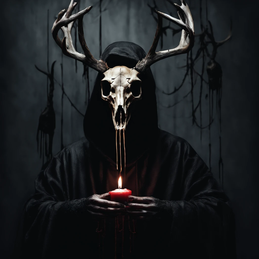 (a person wearing a black hooded robe and a satanic deer skull,a wax candle),(best quality,highres,gloomy,horror,satanic,dark color scheme),dimly lit background,gloomy atmosphere,flickering candle light,creepy vibes,detailed robe texture,dark and mysterious,haunting shadows,spooky aura,sinister expression in the eyes,subtle glow on the candle flame, cinematic camera angle, photo realistic, clear deer skull, highred deer skull, blood on deer skull, wax dripping, chains hanging from background, dark color scheme