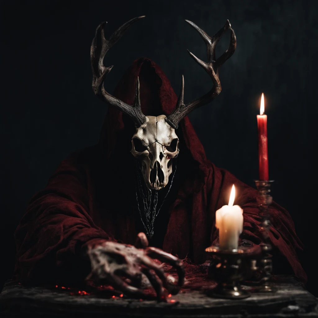 (a person wearing a black hooded robe and a satanic deer skull,a wax candle),(best quality,highres,gloomy,horror,satanic,dark color scheme),dimly lit background,gloomy atmosphere,flickering candle light,creepy vibes,detailed robe texture,dark and mysterious,haunting shadows,spooky aura,sinister expression in the eyes,subtle glow on the candle flame, cinematic camera angle, photo realistic, clear deer skull, highred deer skull, blood on deer skull, wax dripping, chains hanging from background, dark color scheme, satanic crosses in background