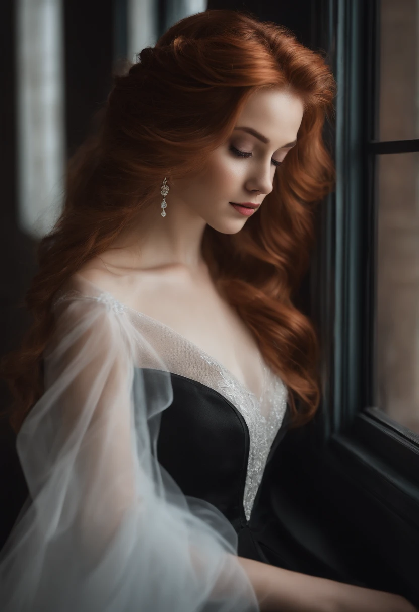 ((master part,best quality)),Papel de parede 8K,1girl, cabelos longos, red hair, sozinho, vestir, olhos vermelhos, Olhando para o Viewer, mangas compridas, Standing, Building, vestido branco, Luvas, ornamento de cabelo, Black jacket, sorrir, cabelos flutuantes, Dutch angle, boca fechada, Desviando o olhar, ao ar livre