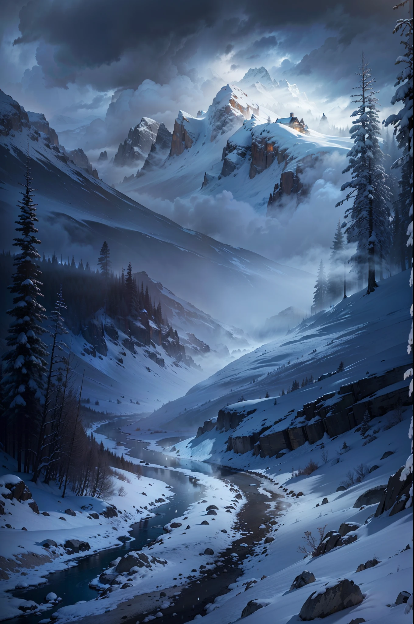 (Best quality,4K,8K,A high resolution,Masterpiece:1.2),Ultra-detailed,(Realistic,Photorealistic,photo-realistic:1.37),snow mountains,Ominous atmosphere,Winter storms are coming,Ominous prospects,Icy cold wind,Majestic snow-capped peaks,Majestic rock formations,Fog clouds hovered over the mountaintops,Harsh and unforgiving conditions,Windswept snowdrifts,Dramatic lighting,Subtle shades of blue and gray,pastelcolor,The faint sunlight penetrates the dark clouds,Winter Wilderness,Wild and wild,Peaceful and remote setting,Mysterious silence,Isolated cabin in the distance,Thick smoke rises from the chimney,Bleak and haunting beauty,A lonely figure bravely confronts the elements,The hooded cloak rolls in the wind,grittiness，Strong-willed,Thinking about the immense power of nature,Deep awe and amazement,Pristine and untamed landscape,Magnificent and awe-inspiring scenery,Freeze in time and space,Eternal beauty in chaos,Surreal and fantastic atmosphere.