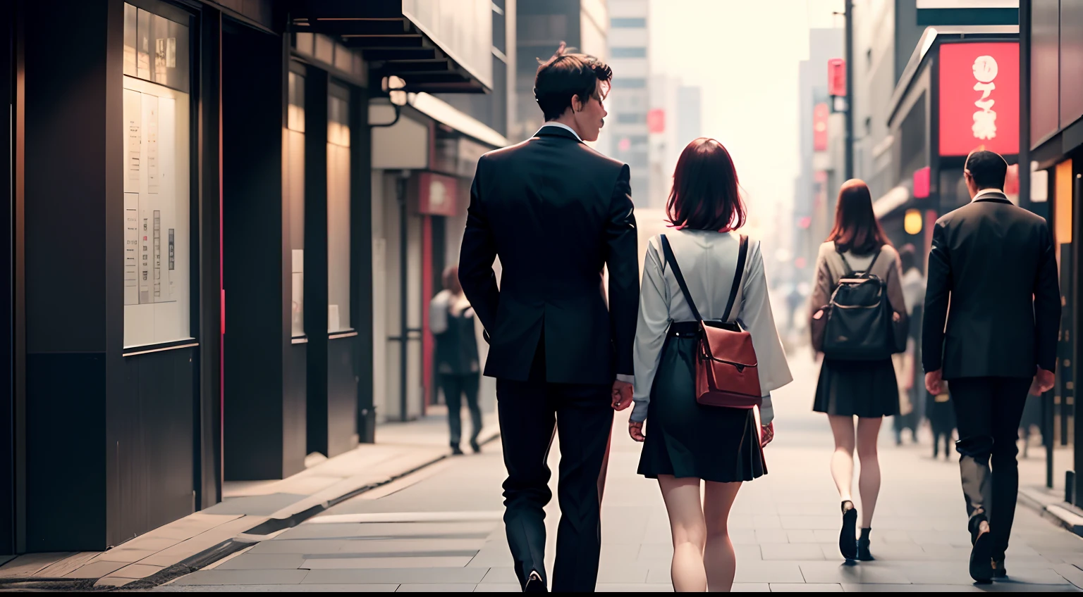 Japan pretty women、a 25yo woman、Woman in miniskirt。Japan men、man of 30 years old、Man in Suit。Downtown、Faraway view、full body seen。Men and women passing each other。There are only two of them。Man with his back turned、Woman looking here、Just the two of them。