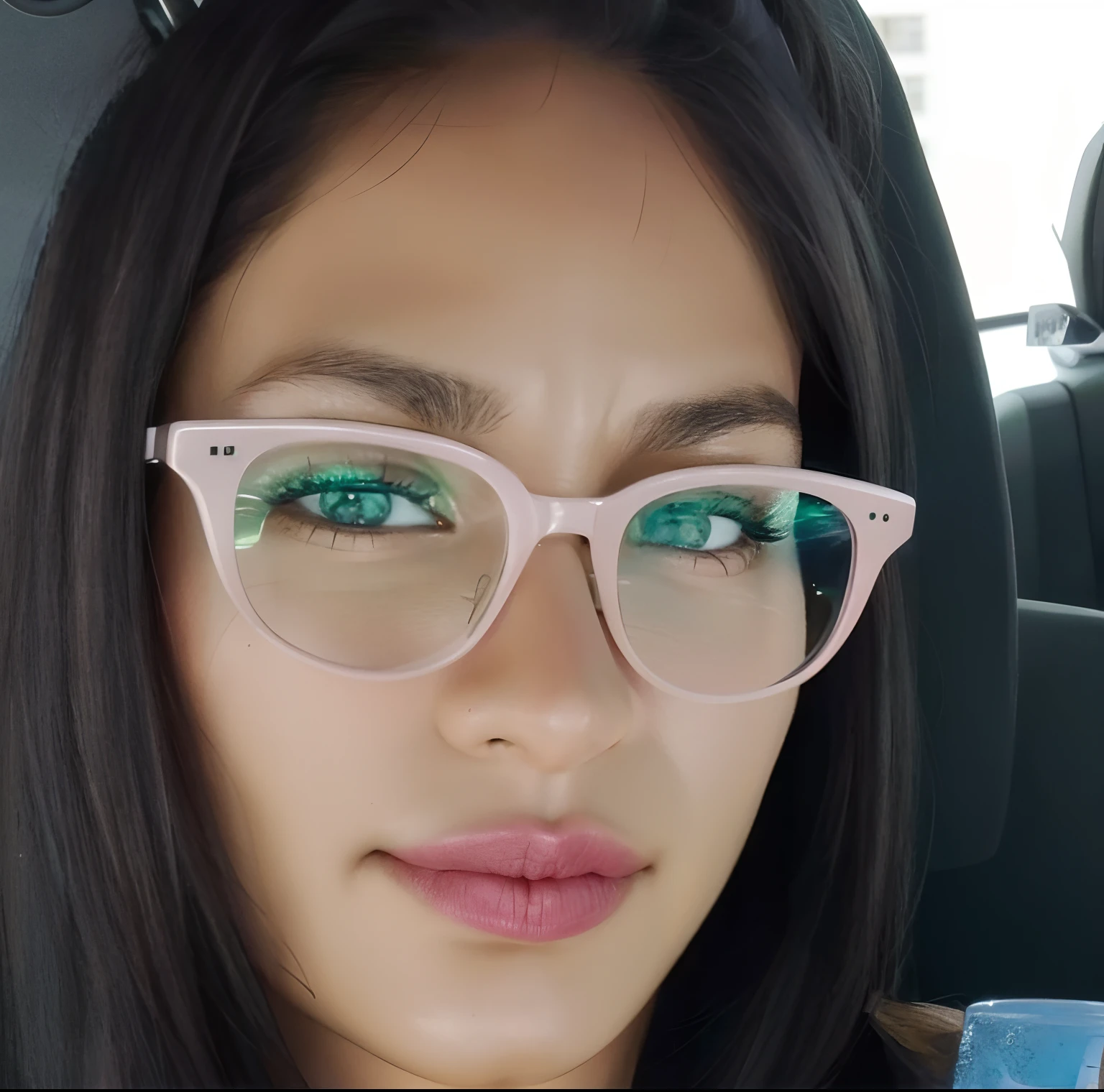 There is a woman with glasses and a pink lip is sitting in a car, con gafas, 2 , 2 9 years old puestas, 2 7 years old, gafas ross, 3 2 years old, !!usar gafas modernaars old woman, 30-year-old woman, 38 years old, Chica con gafas