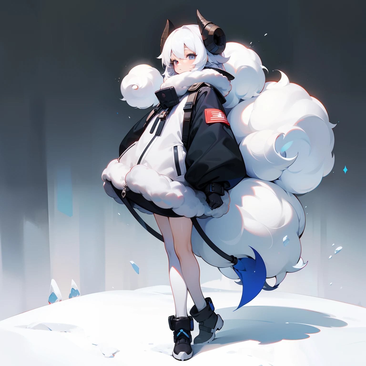 Anthropomorphic female character of a sheep、Full-body image、without background、Plain background、Game Character、fullbody image、hair is white、the tail is round,、Extremely cold regions、Wear warm clothing、Do a muffler