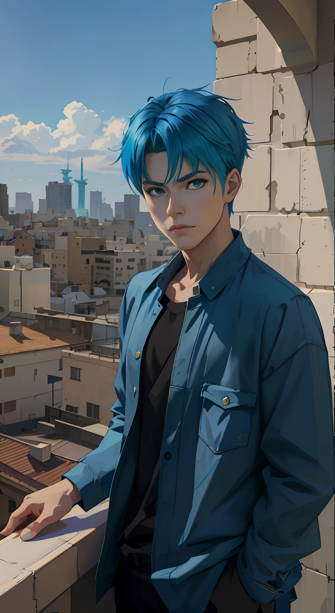 Arafed Man with blue hair standing on a balcony overlooking a city, Estilo de realismo de anime, Estilo realista de anime 3D, inspirado por Yanjun Cheng, realistic artistic style, realistic anime artstyle, Estilo anime 2D, Estilo anime masculino, Obras de arte al estilo de Guweiz, realismo artstyle, Estilo Ross Tran, Anime style. 8k, Estilo de anime moderno