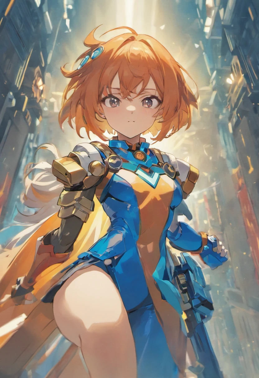 highest quality,T Masterpiece,final solution,Fluffy,Very colorful, (petite body figure),(small breasts),mature woman,copper red hair, curly hair, brown eyes, short hair, freckles, blue fight combat uniform,tight suit, desert, Legs