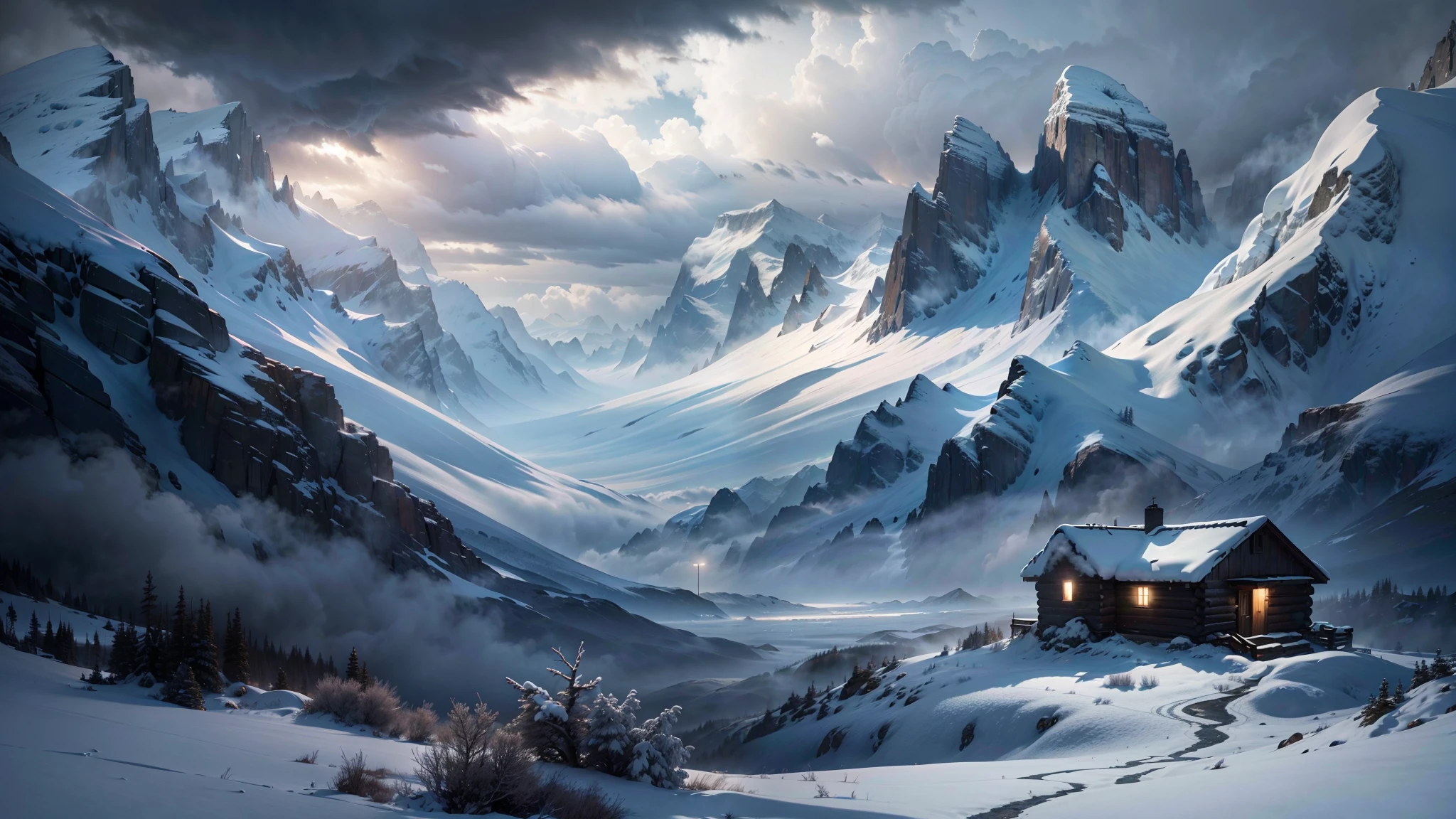 (Best quality,4K,8K,A high resolution,Masterpiece:1.2),Ultra-detailed,(Realistic,Photorealistic,photo-realistic:1.37),snow mountains,Ominous atmosphere,Winter storms are coming,Ominous prospects,Icy cold wind,Majestic snow-capped peaks,Majestic rock formations,Fog clouds hovered over the mountaintops,Harsh and unforgiving conditions,Windswept snowdrifts,Dramatic lighting,Subtle shades of blue and gray,pastelcolor,The faint sunlight penetrates the dark clouds,Winter Wilderness,Wild and wild,Peaceful and remote setting,Mysterious silence,Isolated cabin in the distance,Thick smoke rises from the chimney,Bleak and haunting beauty,A lonely figure bravely confronts the elements,The hooded cloak rolls in the wind,grittiness,Strong-willed,Thinking about the immense power of nature,Deep awe and amazement,Pristine and untamed landscape,Magnificent and awe-inspiring scenery,Freeze in time and space,Eternal beauty in chaos,Surreal and fantastic atmosphere.