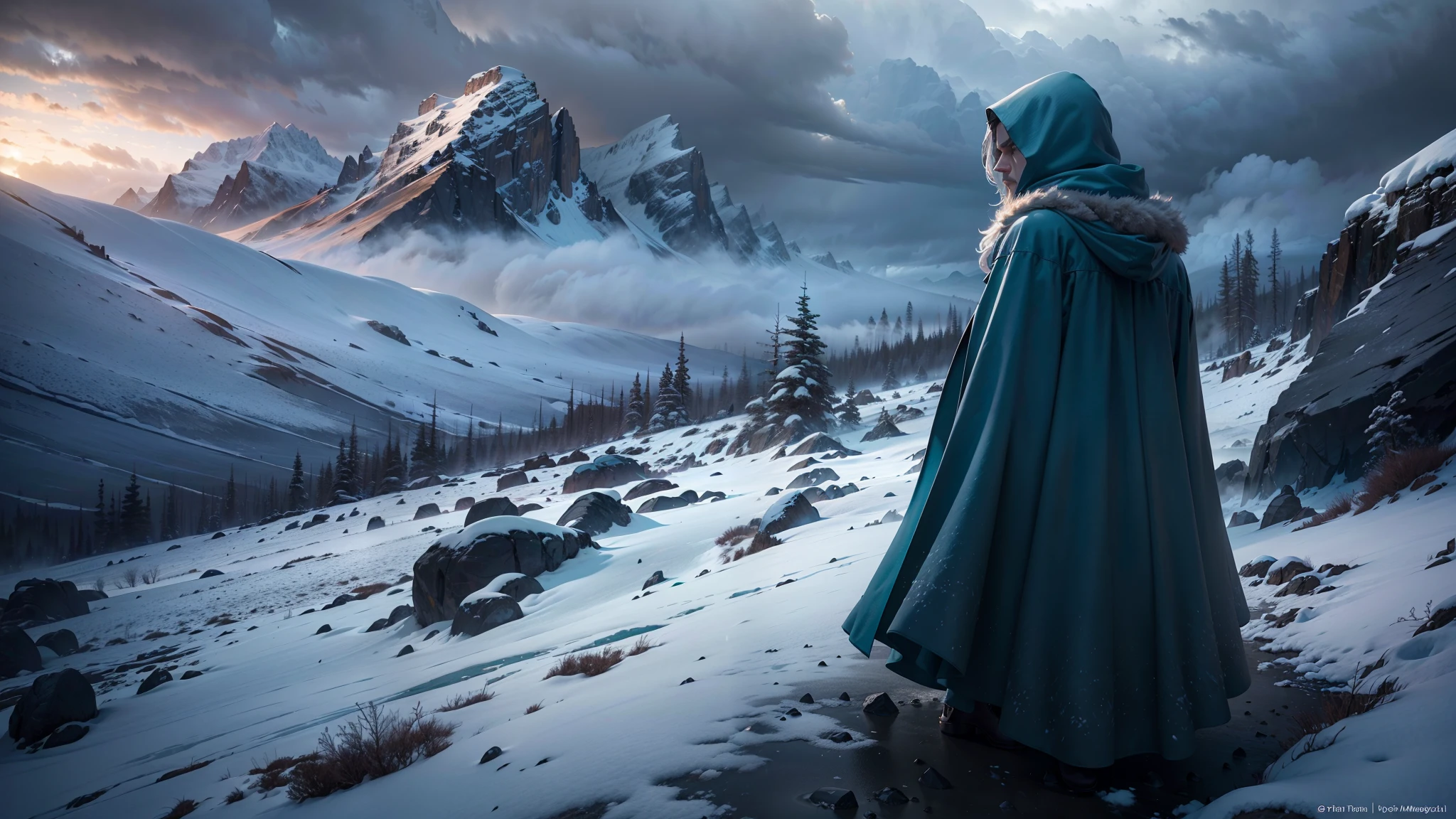 (Best quality,4K,8K,A high resolution,Masterpiece:1.2),Ultra-detailed,(Realistic,Photorealistic,photo-realistic:1.37),snow mountains,Ominous atmosphere,Winter storms are coming,Ominous prospects,Icy cold wind,Majestic snow-capped peaks,Majestic rock formations,Fog clouds hovered over the mountaintops,Harsh and unforgiving conditions,Windswept snowdrifts,Dramatic lighting,Subtle shades of blue and gray,pastelcolor,The faint sunlight penetrates the dark clouds,Winter Wilderness,Wild and wild,Peaceful and remote setting,Mysterious silence,Isolated cabin in the distance,Thick smoke rises from the chimney,Bleak and haunting beauty,A lonely figure bravely confronts the elements,The hooded cloak rolls in the wind,grittiness,Strong-willed,Thinking about the immense power of nature,Deep awe and amazement,Pristine and untamed landscape,Magnificent and awe-inspiring scenery,Freeze in time and space,Eternal beauty in chaos,Surreal and fantastic atmosphere.