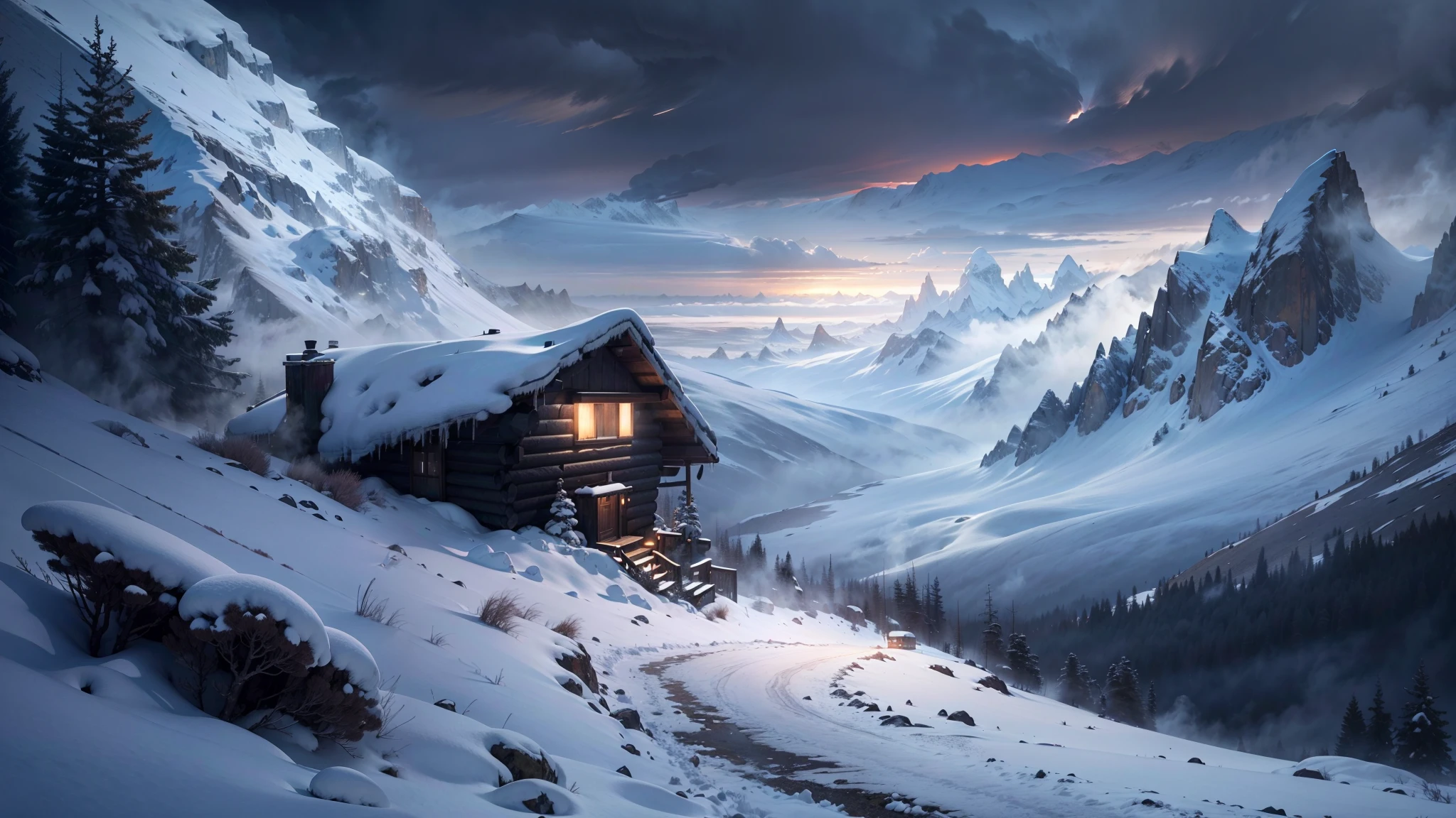 (Best quality,4K,8K,A high resolution,Masterpiece:1.2),Ultra-detailed,(Realistic,Photorealistic,photo-realistic:1.37),snow mountains,Ominous atmosphere,Winter storms are coming,Ominous prospects,Icy cold wind,Majestic snow-capped peaks,Majestic rock formations,Fog clouds hovered over the mountaintops,Harsh and unforgiving conditions,Windswept snowdrifts,Dramatic lighting,Subtle shades of blue and gray,pastelcolor,The faint sunlight penetrates the dark clouds,Winter Wilderness,Wild and wild,Peaceful and remote setting,Mysterious silence,Isolated cabin in the distance,Thick smoke rises from the chimney,Bleak and haunting beauty,A lonely figure bravely confronts the elements,The hooded cloak rolls in the wind,grittiness,Strong-willed,Thinking about the immense power of nature,Deep awe and amazement,Pristine and untamed landscape,Magnificent and awe-inspiring scenery,Freeze in time and space,Eternal beauty in chaos,Surreal and fantastic atmosphere.
