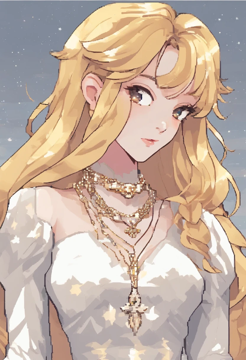 white background, from the neck down, 1 girl, long and wavy golden hair, highlighted in the outfit, long-sleeved white cropped top, star necklace, white pants combined with a golden skirt at the waist, 17 years old, extremely beautiful, elegant and determined
