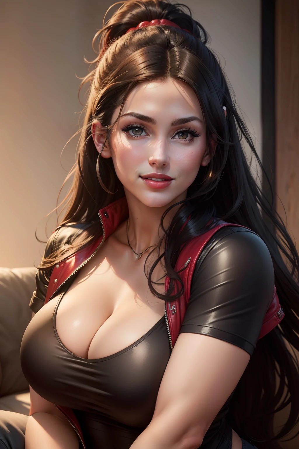 Lucy Pinder, portrait, face portrait, smiling, voluptuous, red lips, cleavage, straight hair, black hair, ponytail, black t-shirt, black jean jacket, black jeans.