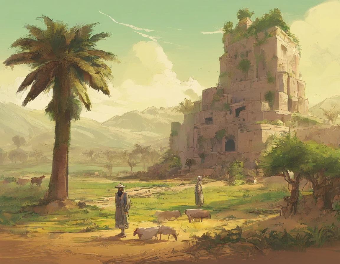 A sprawling farm in ancient Persia, with lush green fields and towering palm trees, but all is not well. A wealthy man, his face twisted in rage, towers over a poor farmer, who cowers in fear and sorrow.