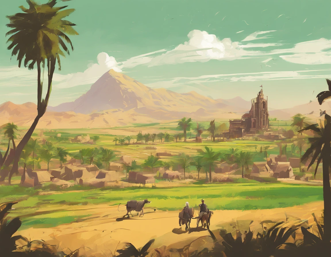 A sprawling farm in ancient Persia, with lush green fields and towering palm trees, but all is not well. A wealthy man, his face twisted in rage, towers over a poor farmer, who cowers in fear and sorrow.