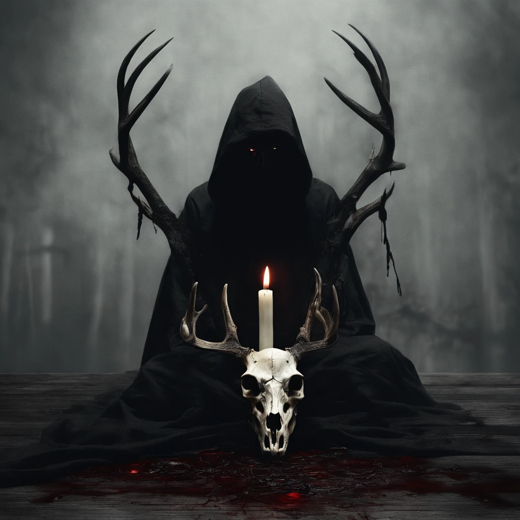 (a person wearing a black hooded robe and a satanic deer skull,a wax candle),(best quality,highres,gloomy,horror,satanic,dark color scheme),dimly lit background,gloomy atmosphere,flickering candle light,creepy vibes,detailed robe texture,dark and mysterious,haunting shadows,spooky aura,sinister expression in the eyes,subtle glow on the candle flame, cinematic camera angle, photo realistic, clear deer skull, highred deer skull, blood on deer skull, wax dripping, chains hanging from background, dark color scheme, satanic crosses in background