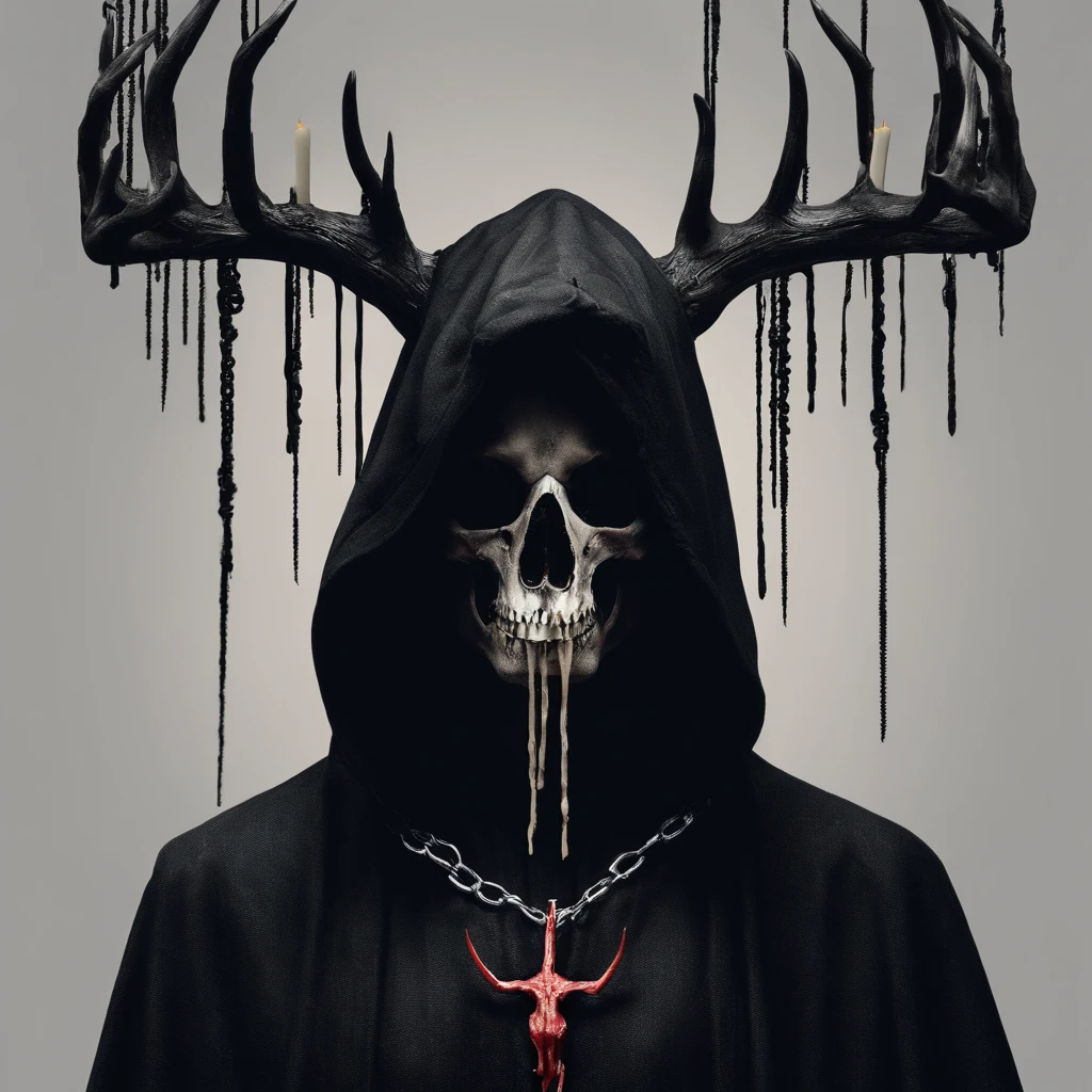 (a person wearing a black hooded robe and a satanic deer skull,a wax candle),(best quality,highres,gloomy,horror,satanic,dark color scheme),dimly lit background,gloomy atmosphere,flickering candle light,creepy vibes,detailed robe texture,dark and mysterious,haunting shadows,spooky aura,sinister expression in the eyes,subtle glow on the candle flame, cinematic camera angle, photo realistic, clear deer skull, highred deer skull, blood on deer skull, wax dripping, chains hanging from background, dark color scheme, satanic crosses in background