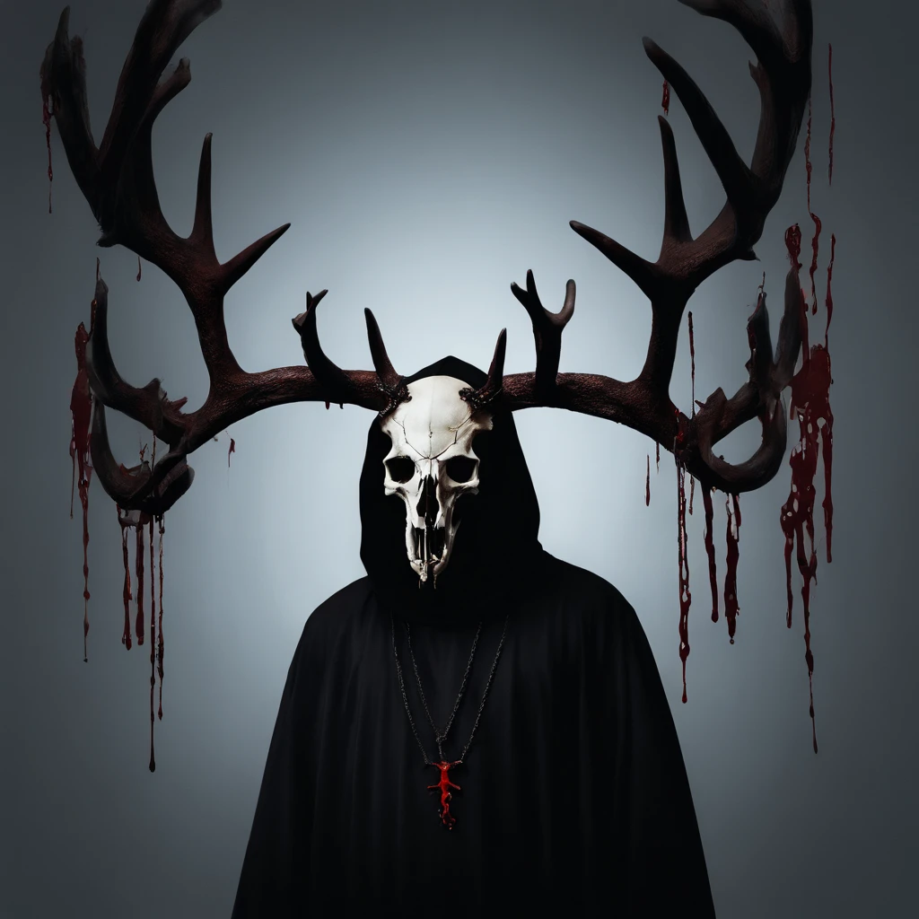 (a person wearing a black hooded robe and a satanic deer skull,a wax candle),(best quality,highres,gloomy,horror,satanic,dark color scheme),dimly lit background,gloomy atmosphere,flickering candle light,creepy vibes,detailed robe texture,dark and mysterious,haunting shadows,spooky aura,sinister expression in the eyes,subtle glow on the candle flame, cinematic camera angle, photo realistic, clear deer skull, highred deer skull, blood on deer skull, wax dripping, chains hanging from background, dark color scheme