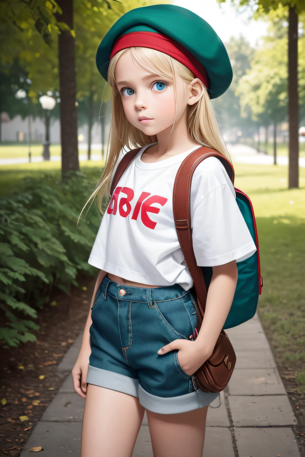 Create an image of a very beautiful girl named Bia, 8 , front view, white skin, blue eyes, blonde hair, wearing a brown beret, red All Star sneakers, dark green shorts, white t-shirt, with a brown backpack on her back, hyper relistic image, resolution 4K, seed 3195823272.