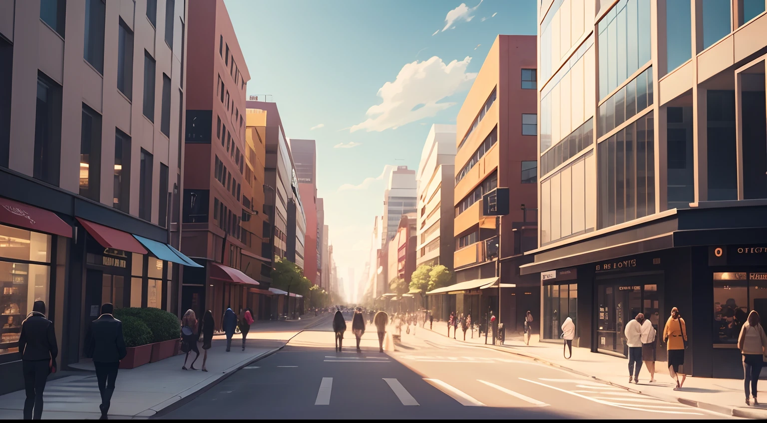 office street,detailed sidewalks,distant view,eye level,2 pm,illustration,populated,modern buildings,people walking,cars passing by,vibrant colors,bright sunlight