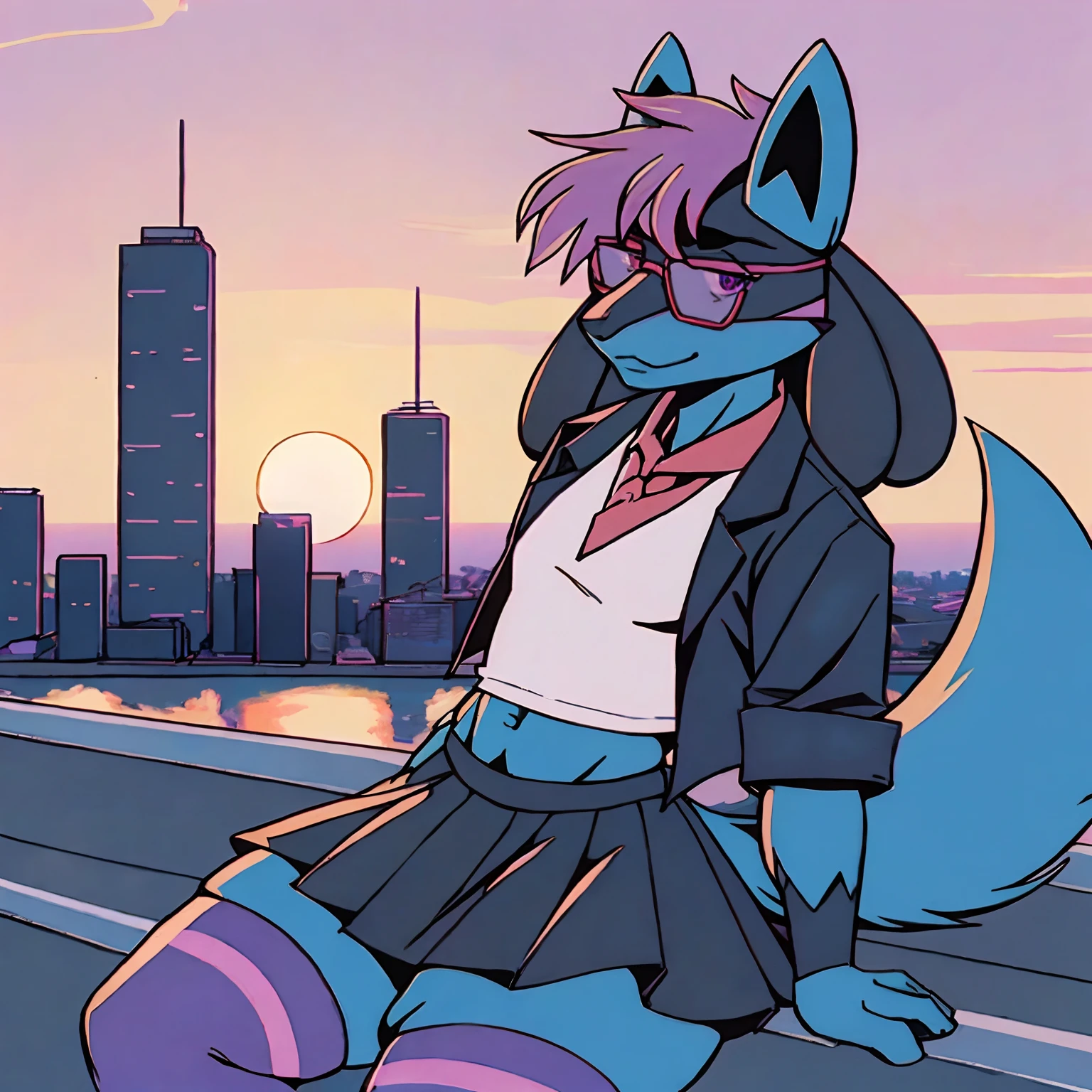 Mute pastel colors， Smooth photos， Retro soul, 1990s animation, 1980s animation, Retro soul， Retro anime style， Masterpiece, Best Quality, Lucario, furry, solo female, Lucario Pokémon, skirt, thigh high socks, crop top black jacket, Retro Lucario fanart, 1990s anime, retro animation, transgender women, sunset over city background, very detailed background, bandana, white chest spike, pink eyes, high definition eyes, very detailed eyes, chubby, small amount of pink hair on top of head with purple highlights, blue fur, cute bandana, trans flag bandana, picturesque background, 1 horizon line, thin framed rose tinted rimless glasses, thin framed gradient rose tinted glasses, perfect background, beautiful background, black jacket, black face markings, no shirt, midriff, belly button, black thigh high socks, pastel colors