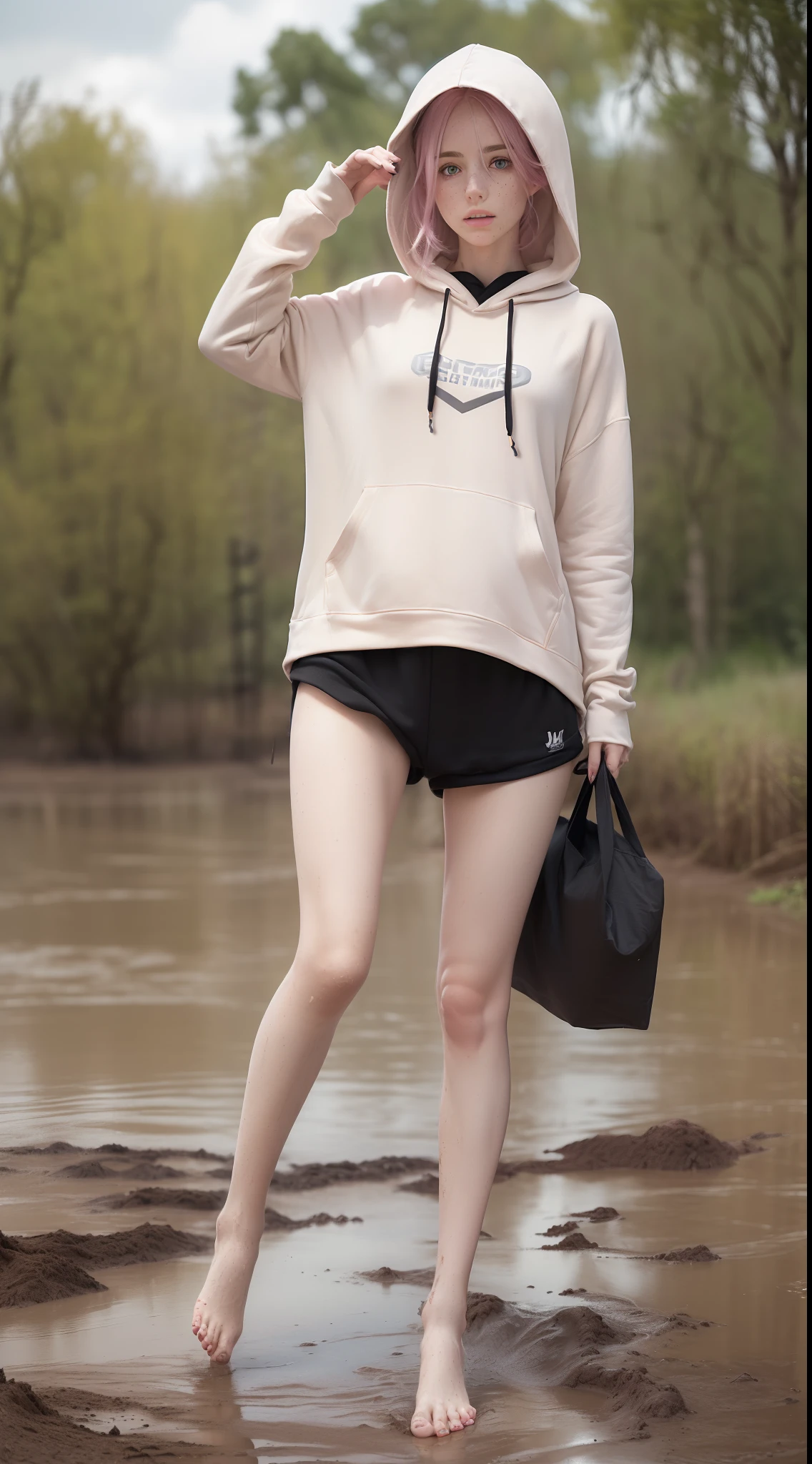 (full body portrait:1.3),dynamic pose,1girl,pale skin,pink hair,delicate face,heterochromia eyes,freckles,(black baggy hoodie:1.3,muddy barefoot:1.3),(thigh gap:1.3,thighs:1.3,one hip up:1.3),(best quality:1.2,ultra-detailed,realistic:1.37),soft colors,polished lighting